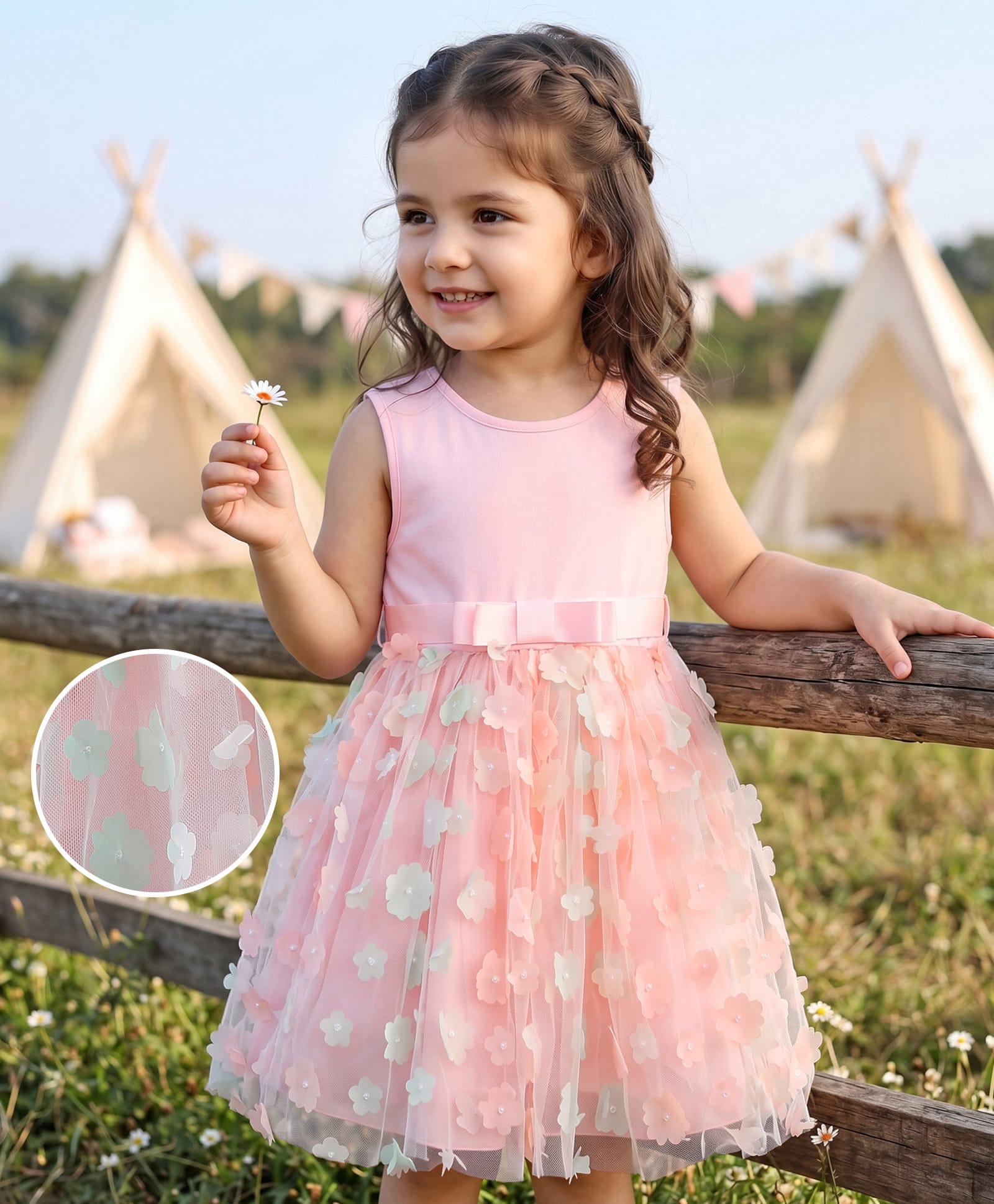 Kookie Kids Sleeveless Party Frock with Floral Applique - Pink-image-40