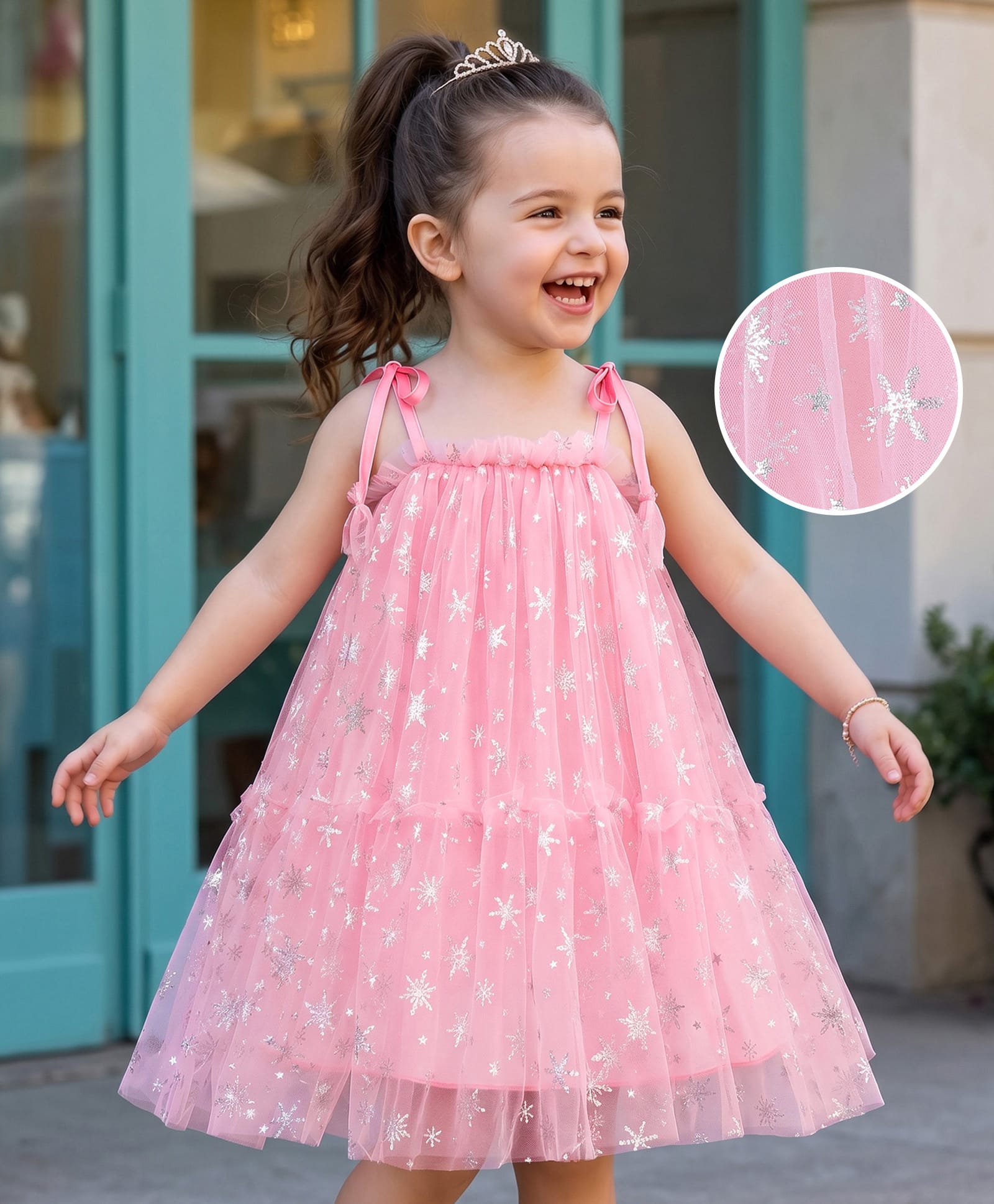Kookie Kids Sleeveless Party Frock with Snow Flake Glitter Detailing - Pink-picture-27