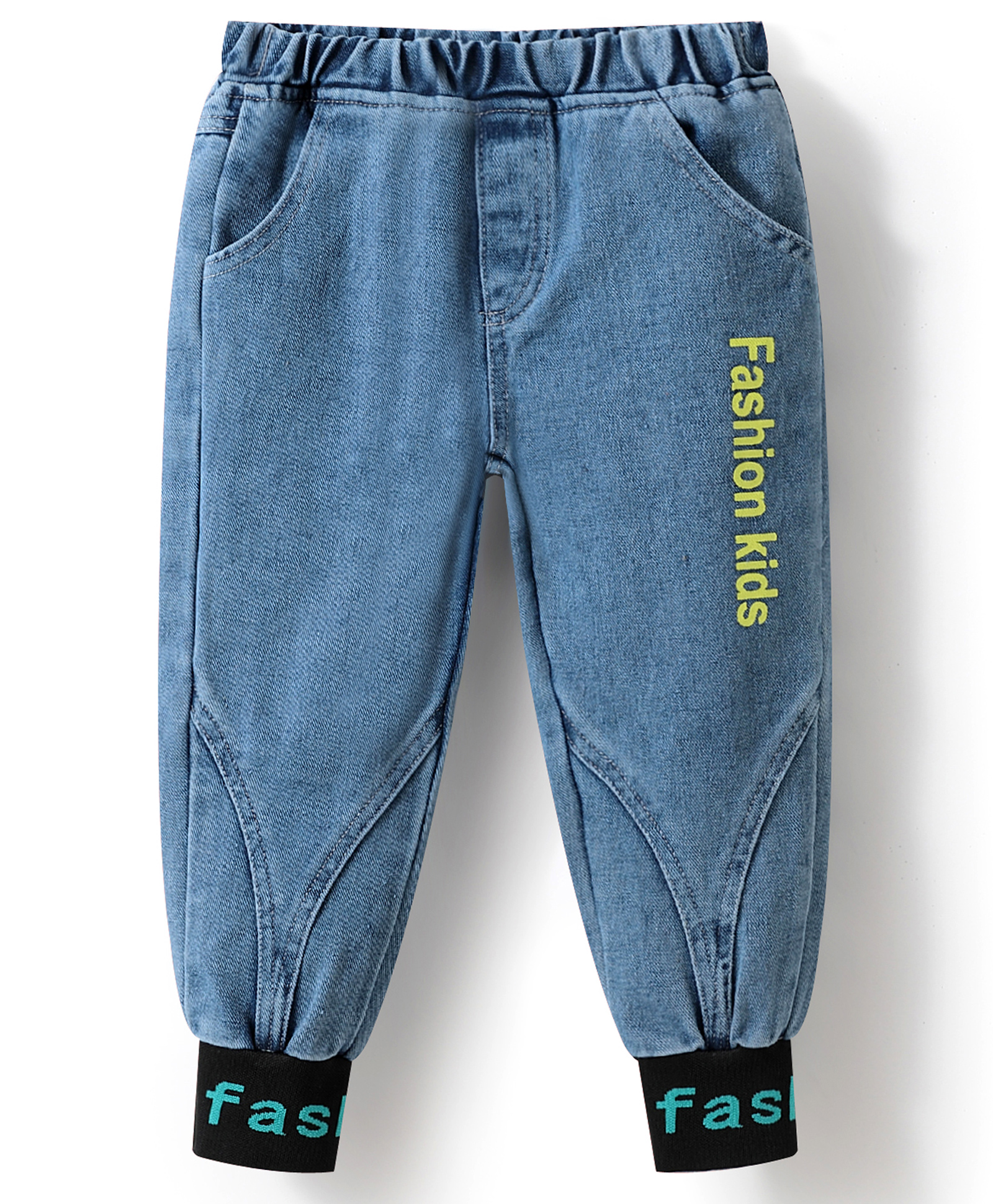 Kookie Kids Full Length Washed  Denim Jeans with Text Print - Blue-image-27