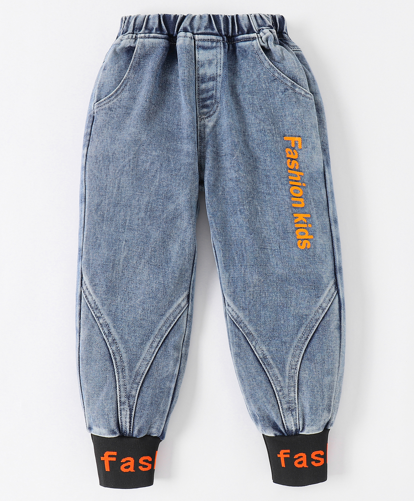 Kookie Kids Full Length Text Embroidered with Cut & Sew Pattern Denim Jeans - Blue-picture-25