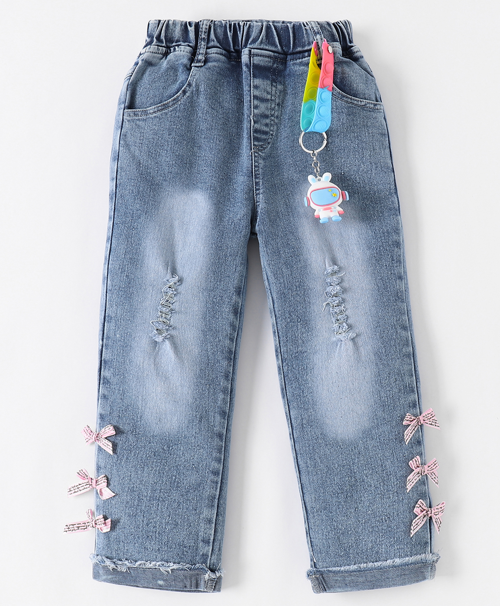 Kookie Kids Denim Full Length Washed & Distressed Jeans with Bows & Key Chain Applique - Blue-image-35