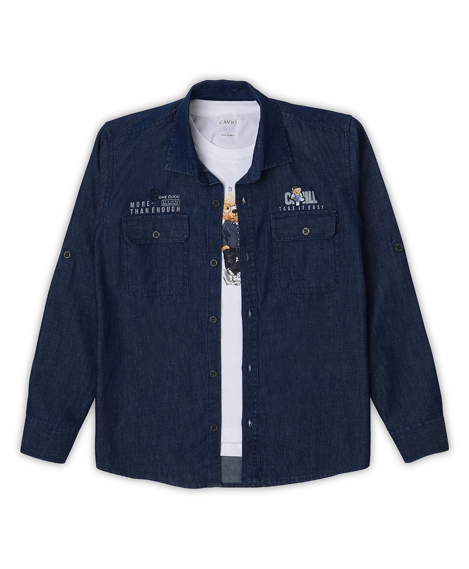 CAVIO Cotton Full Sleeves Chill Text Printed Shirt With Tee - Blue-picture-26