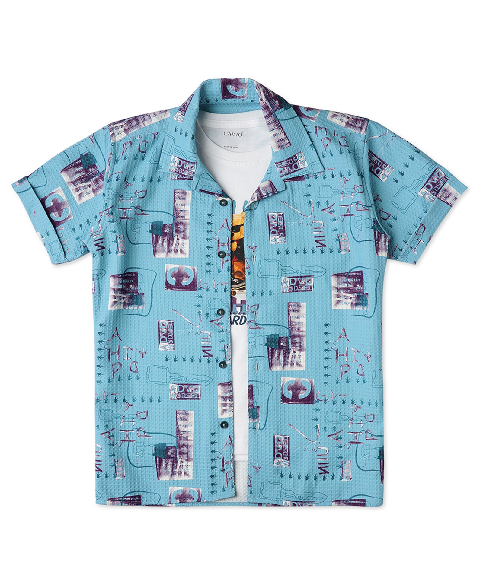 CAVIO Cotton Half  Sleeves Typography Printed Shirt With Tee - Blue-image-12