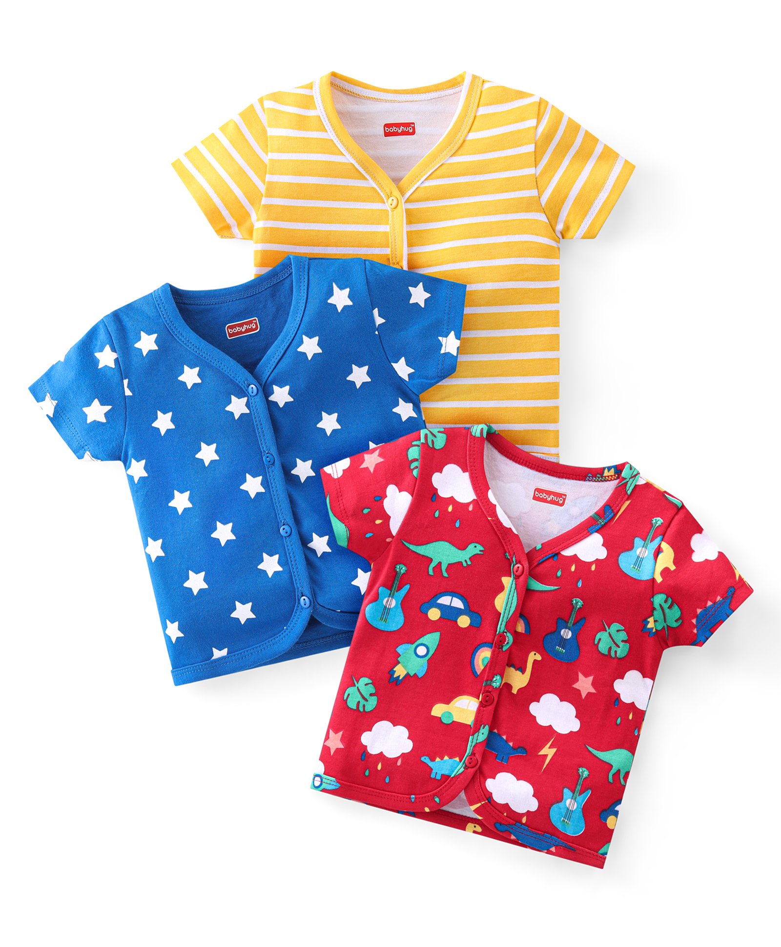 Babyhug 100% Cotton Knit Half Sleeves Striped Front Open Vests with Star & Dino Print Pack of 3 - Multicolour-image-13