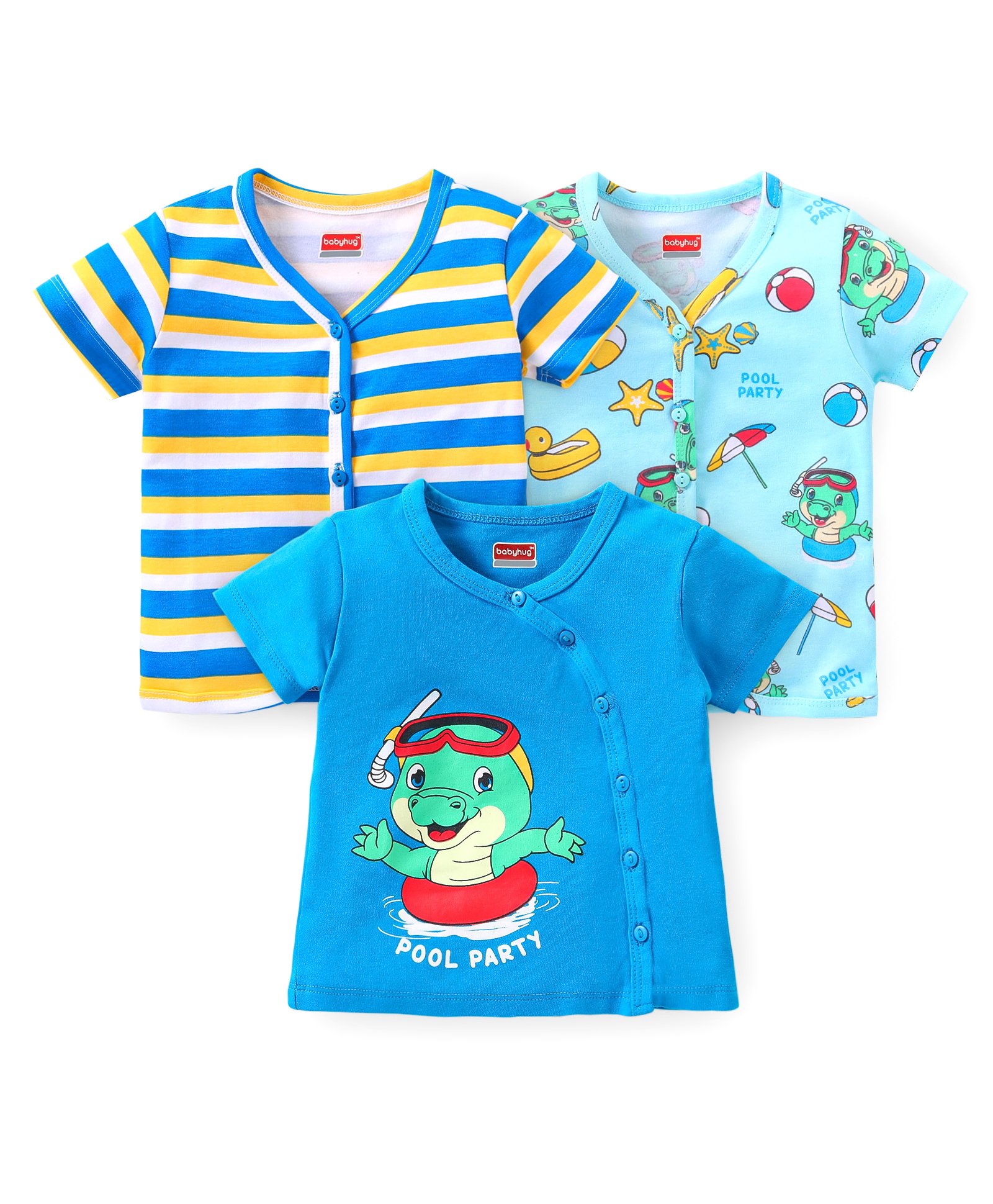 Babyhug 100% Cotton Knit Half Sleeves  Front Open Set of Vests  Striped & Crocodile Print Pack of 3 - Multicolour-image-7