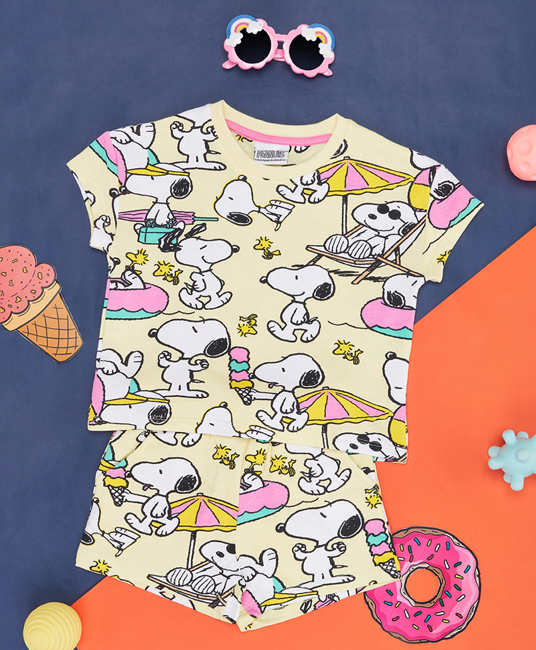 Pantaloons Junior Cotton Knit Peanuts Featuring Snoopy Printed Nightsuit - Yellow-image-13