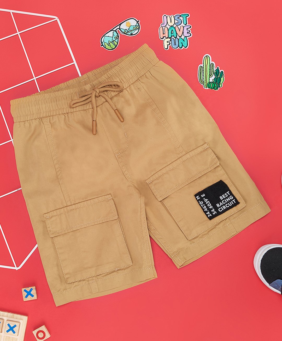 Pantaloons Junior Patch Detailed Cotton Shorts - Khaki-image-4