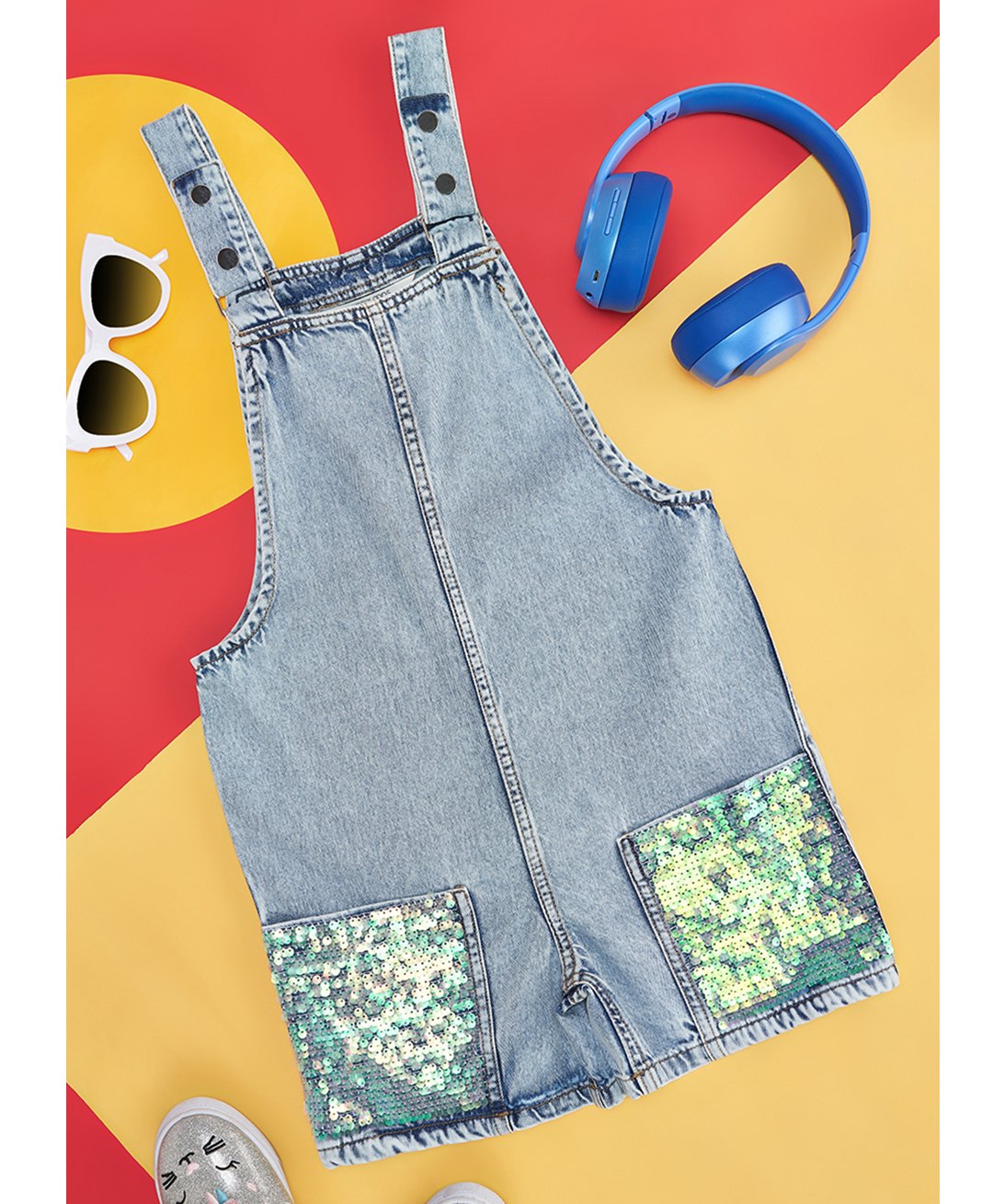 Pantaloons Junior Cotton Sleeveless Sequins Embellished Dungaree Dress - Light Blue-picture-28