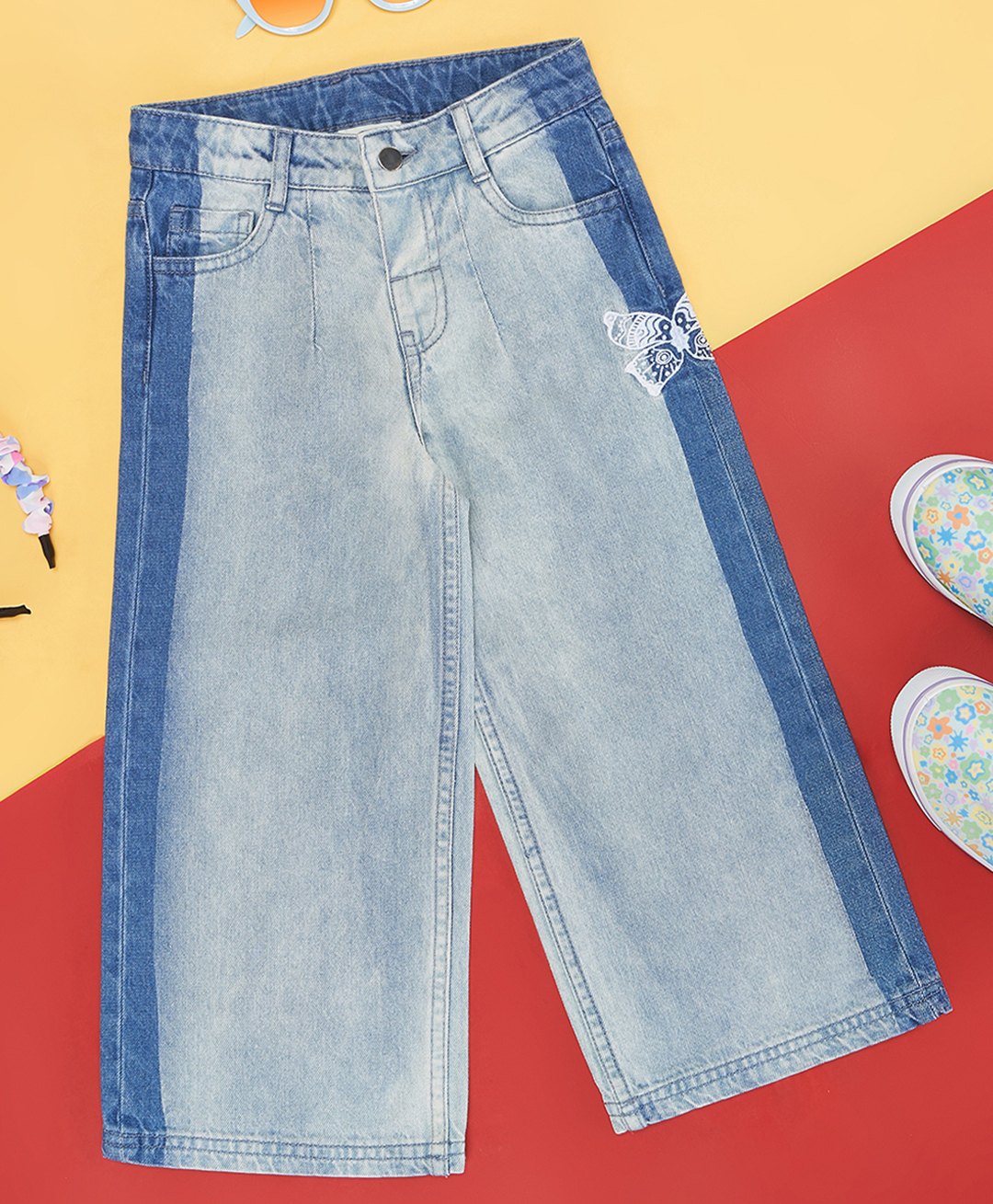 Pantaloons Junior Cotton Colour Blocked & Butterfly Printed Jeans - Blue-picture-23