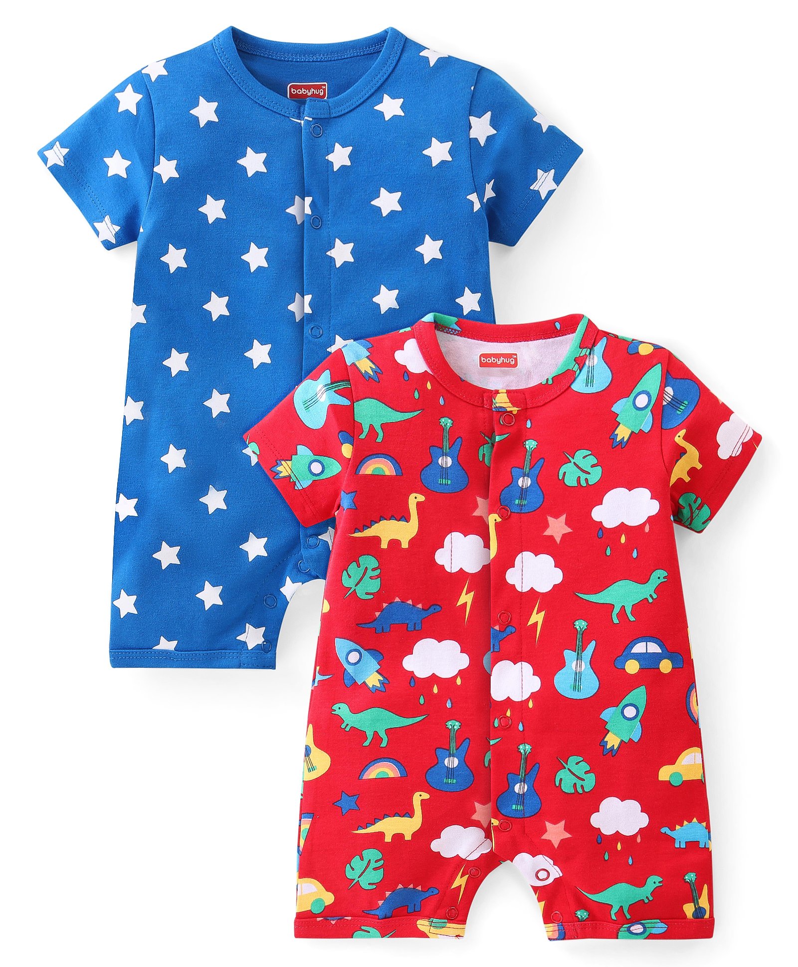 Babyhug 100% Cotton Knit Half Sleeves Rompers with Star & Dino Print Pack of 2- Red & Blue-image-11