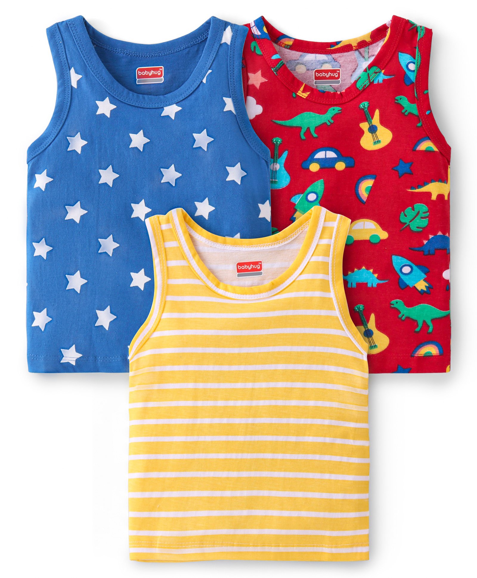 Babyhug 100% Cotton Knit Sleeveless Vests with Dino Print & Stripes Pattern Pack of 3 - Multicolor-image-38