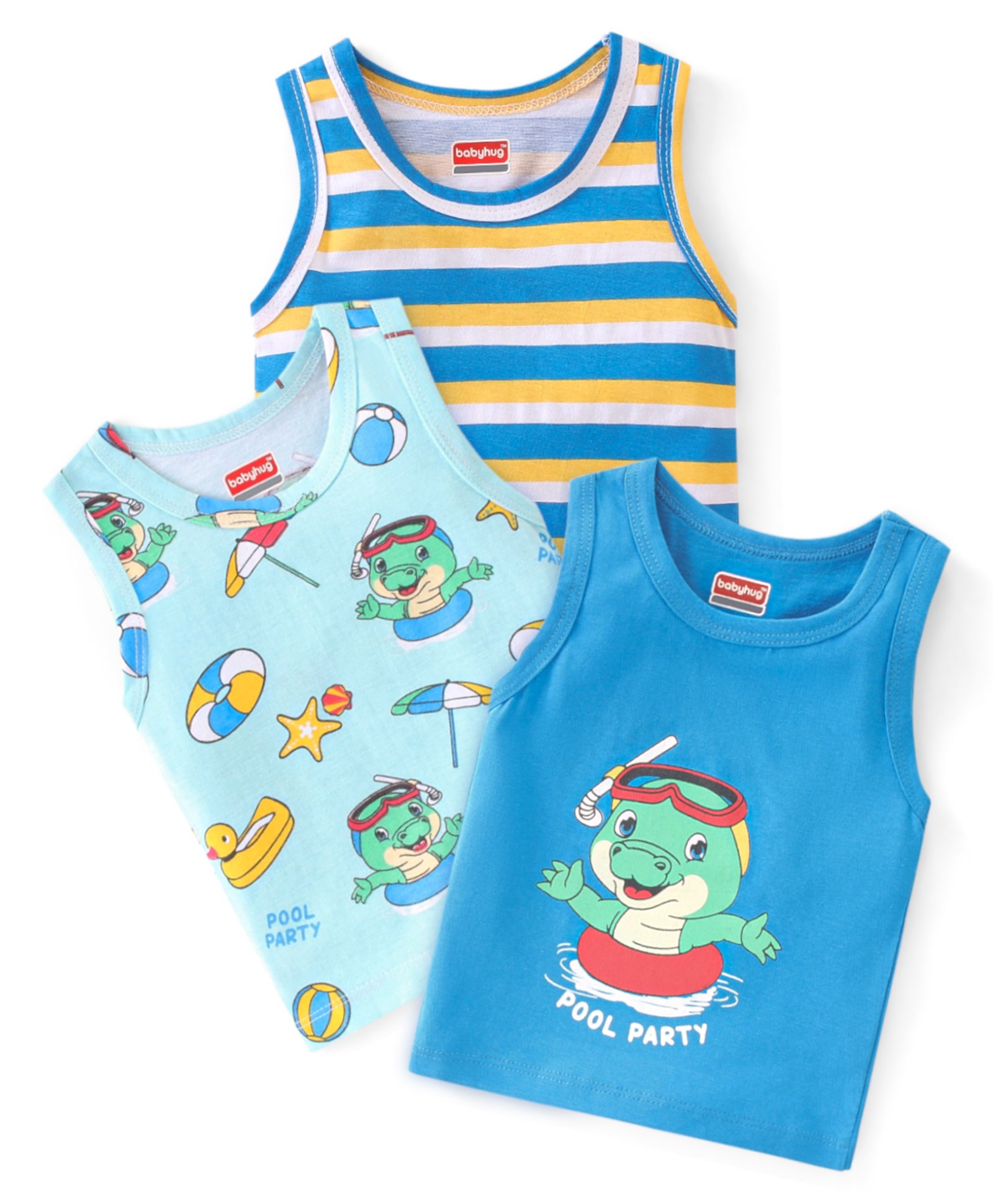 Babyhug 100% Cotton Sleeveless Sandos Striped & Crocodile Print Pack of 3 - Blue-image-21