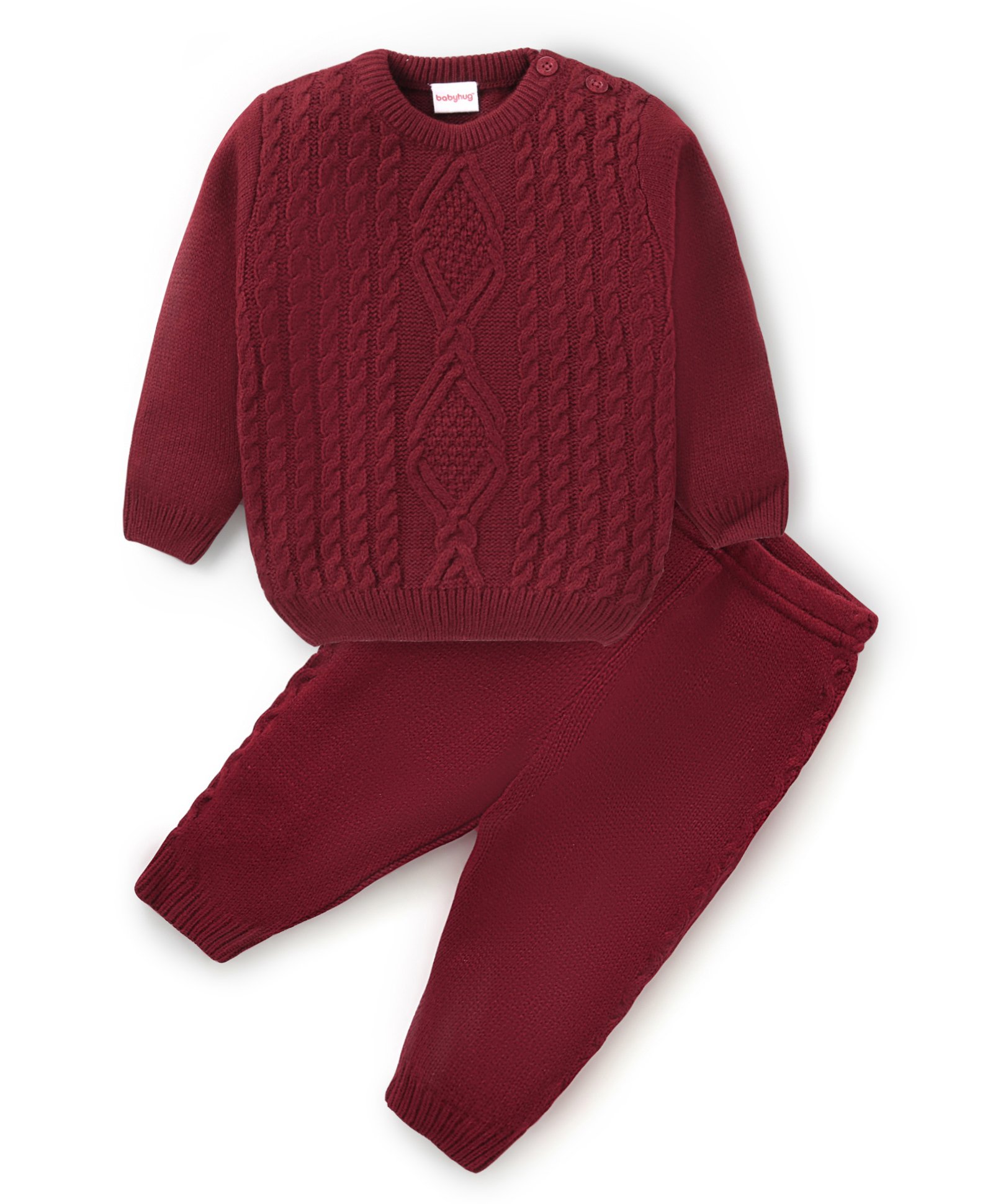 Babyhug Knitted Full Sleeves Sweater Set with Cable Knit Design - Maroon-picture-28