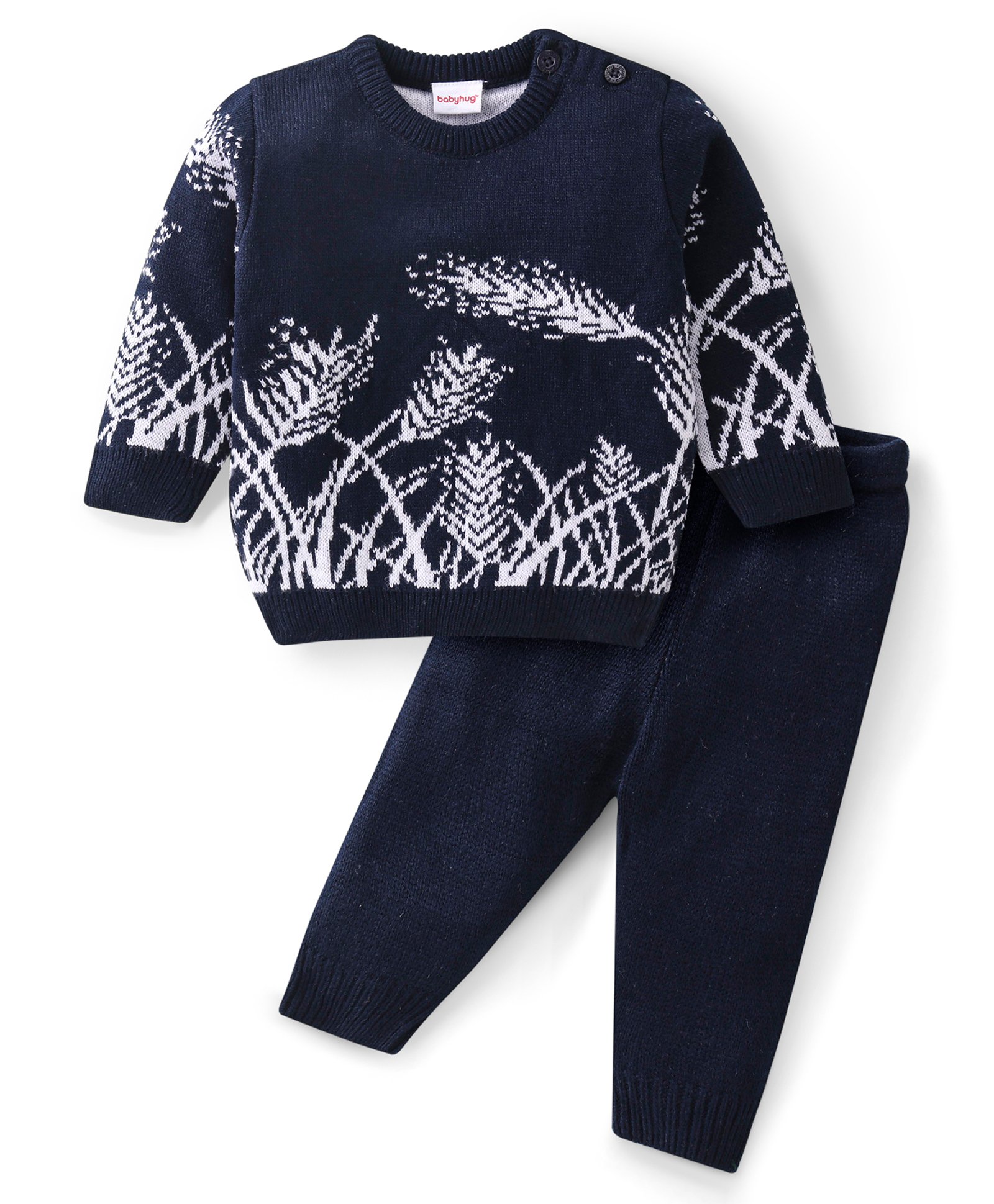Babyhug Knitted Full Sleeves Sweater Set With Leaf Design - Navy Blue-picture-22