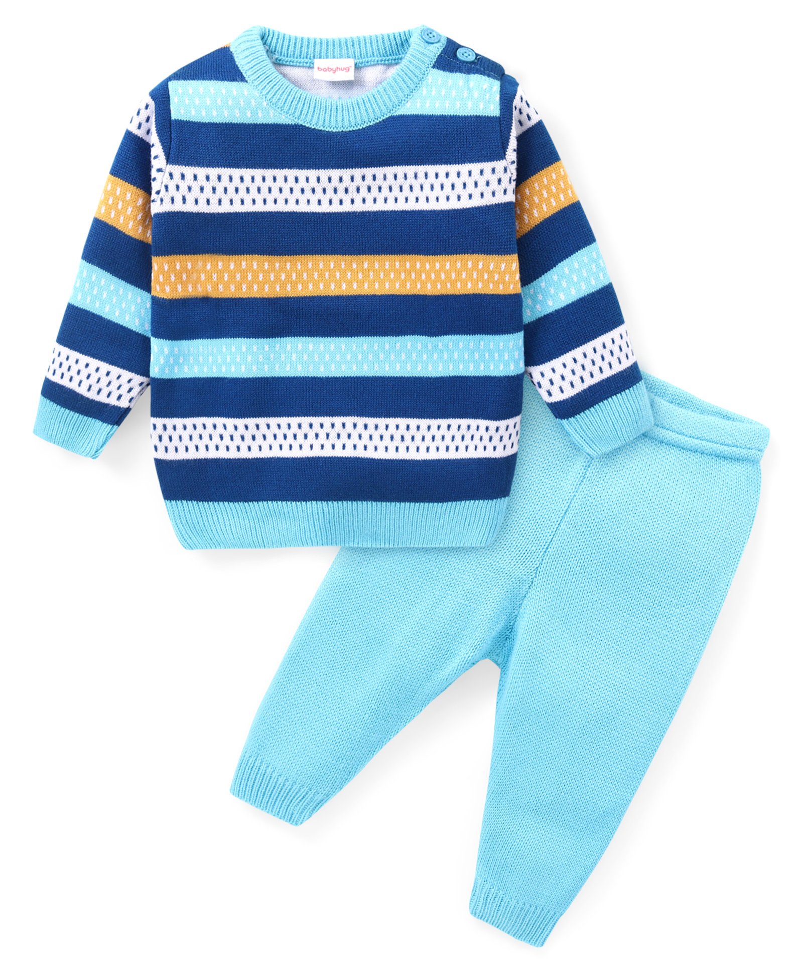 Babyhug Knitted Full Sleeves Sweater Set With Stripes - Blue