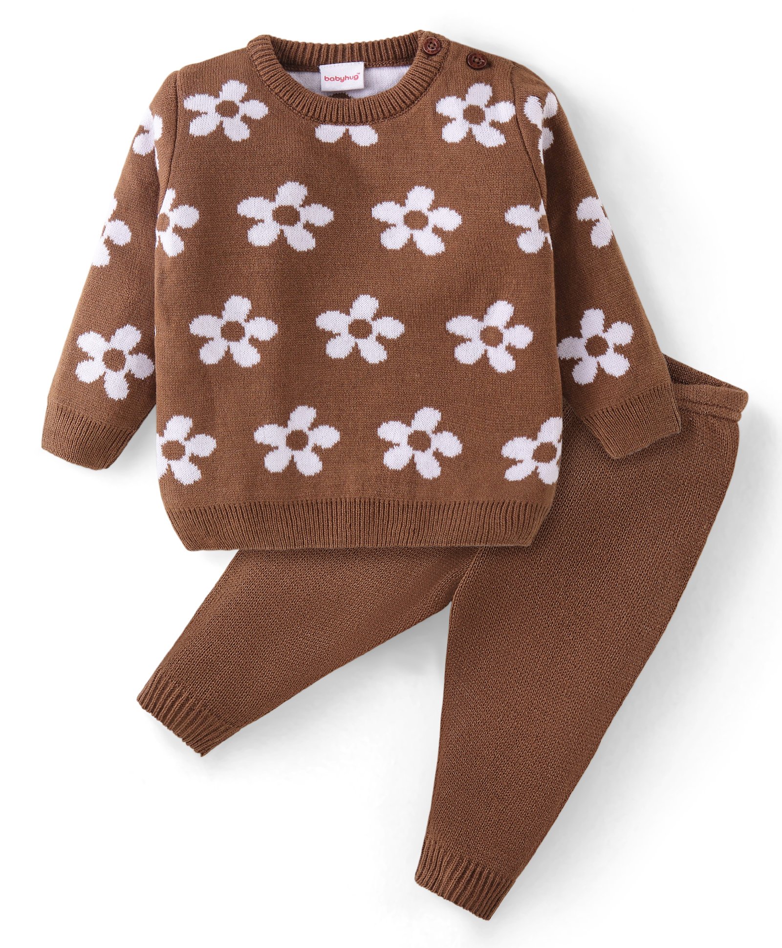 Babyhug Knit Full Sleeves Pullover Sweater & Pant Set Floral Design - Brown-image-41