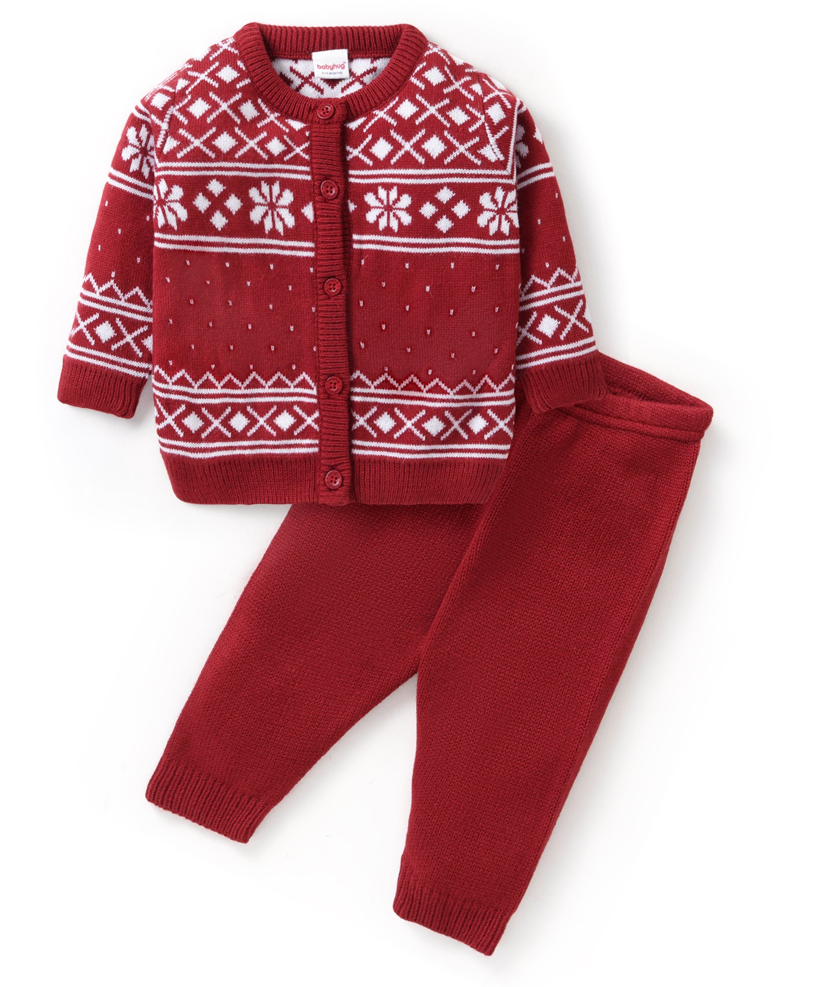 Babyhug Knit Full Sleeves Front Open Sweater and Pant Set Floral Design - Red-image-44
