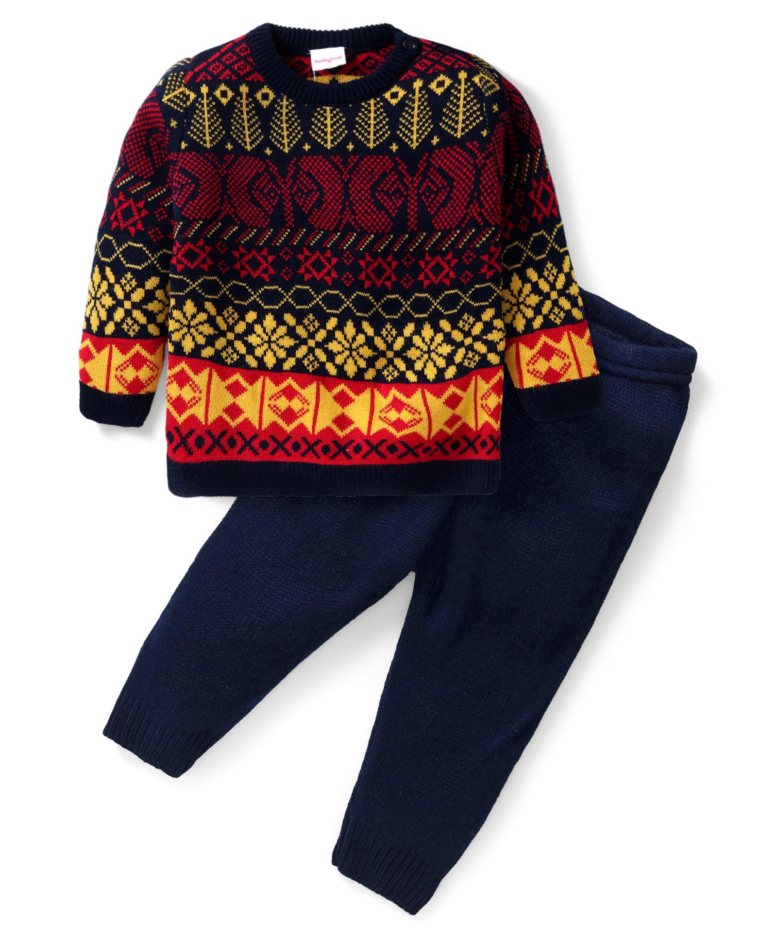 Babyhug Knit Full Sleeves Pullover Designed Sweater & Pant Set - Multicolor-image-44