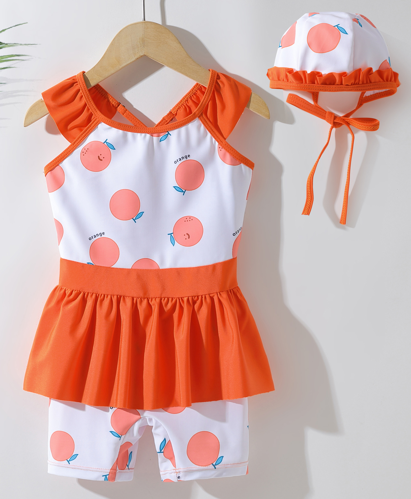 Kookie Kids Sleeveless Legged Swimsuit with Cap Tangerine Print  -White-image-49