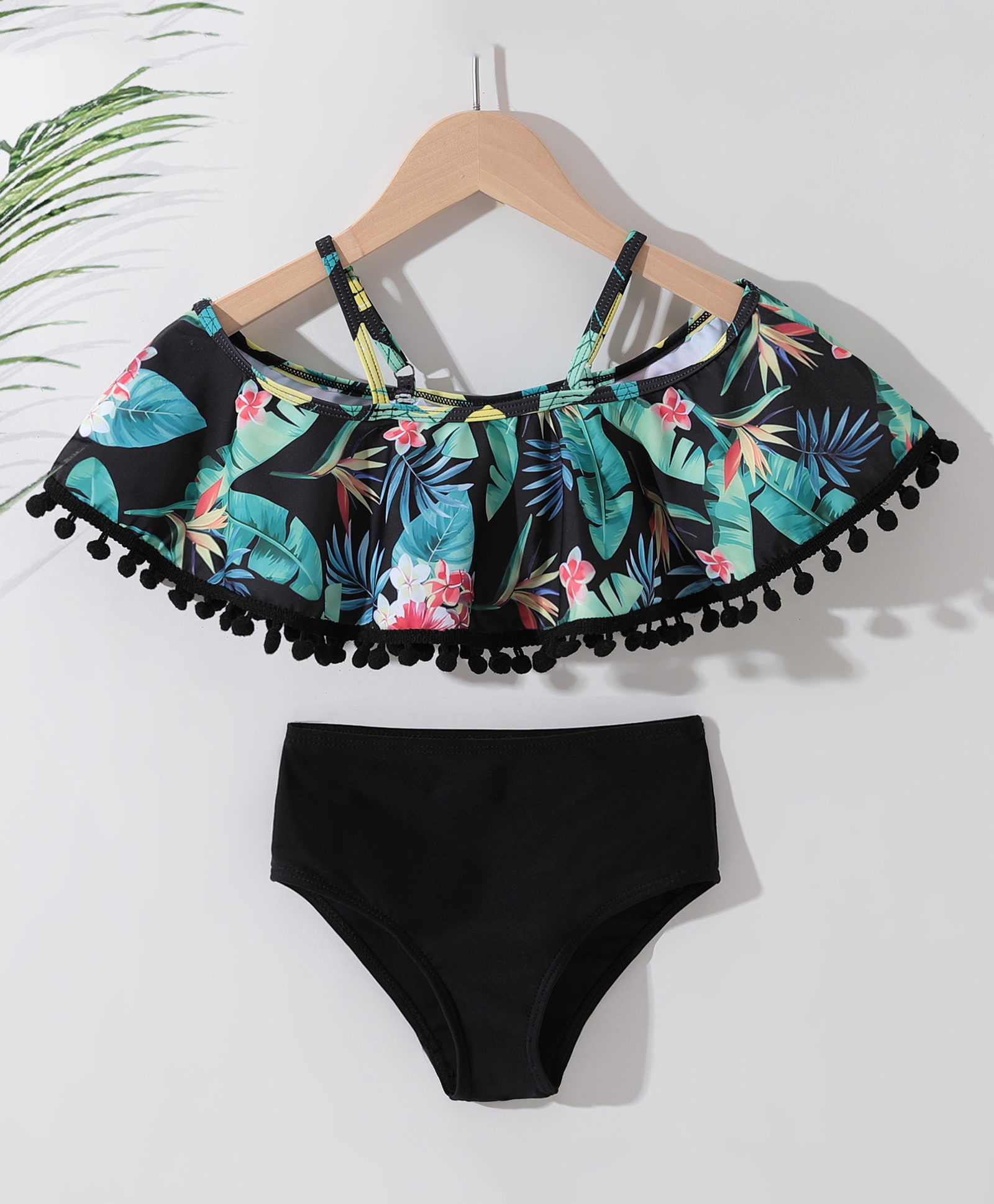 Kookie Kids Cold  Shoulder Sleeves Two Piece Swimsuit With Tropical Theme- Multicolor-picture-14