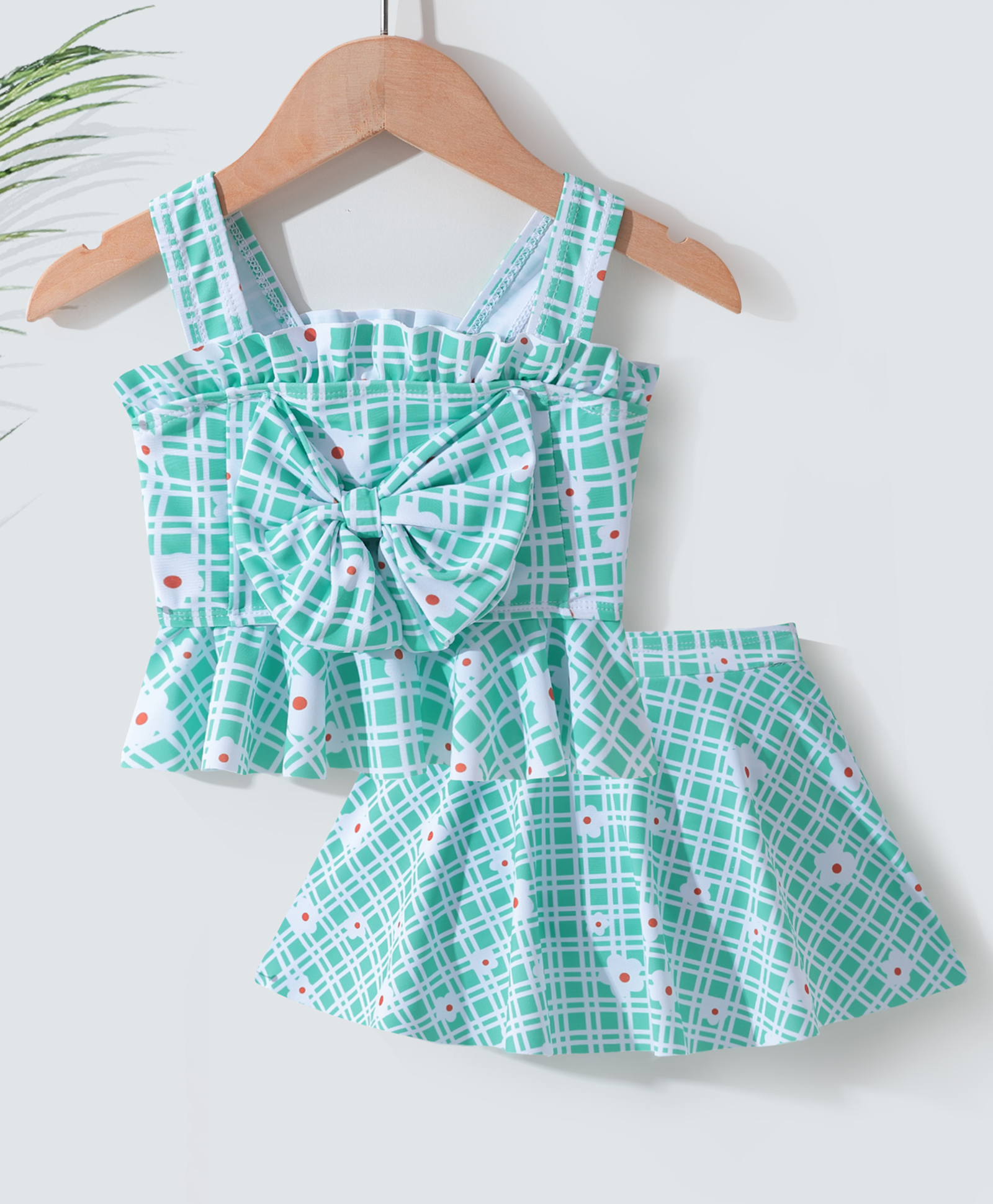Kookie Kids Sleeveless Two Piece Swimsuit with Bow Applique Floral Print - Green-image-48
