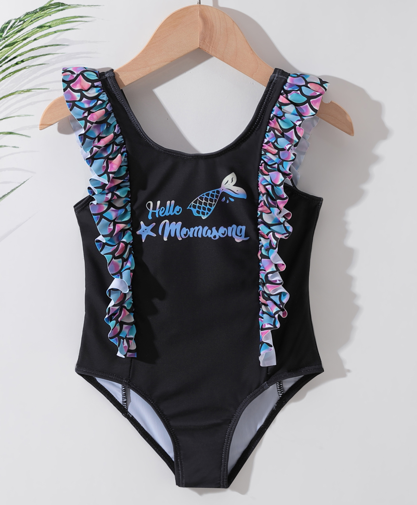 Kookie Kids V Cut Swimsuit with Text Print Frill Detailing - Black-image-43