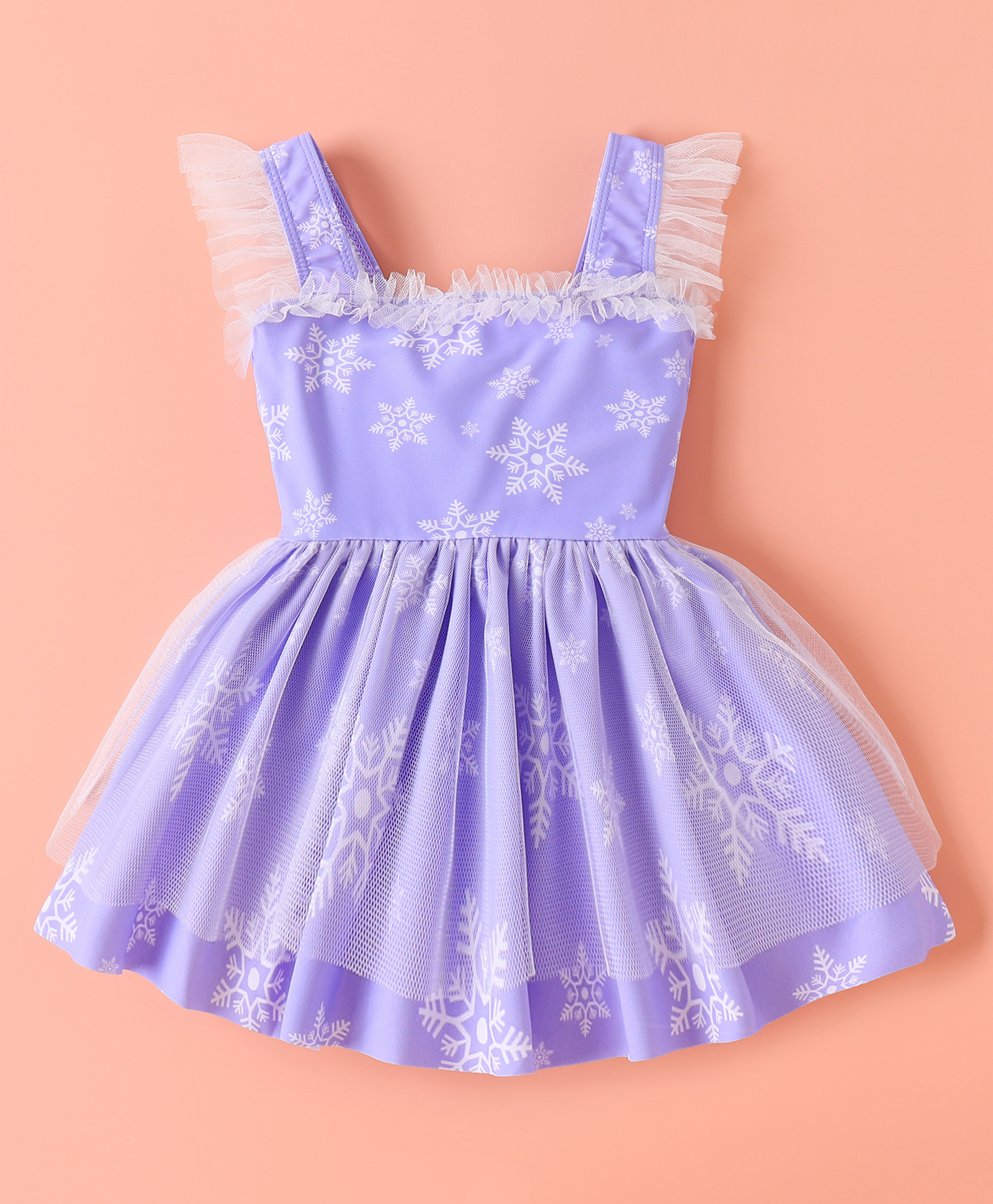 Kookie Kids Frill Sleeves Frock Swimsuit with Snowflake Print - Purple-picture-33
