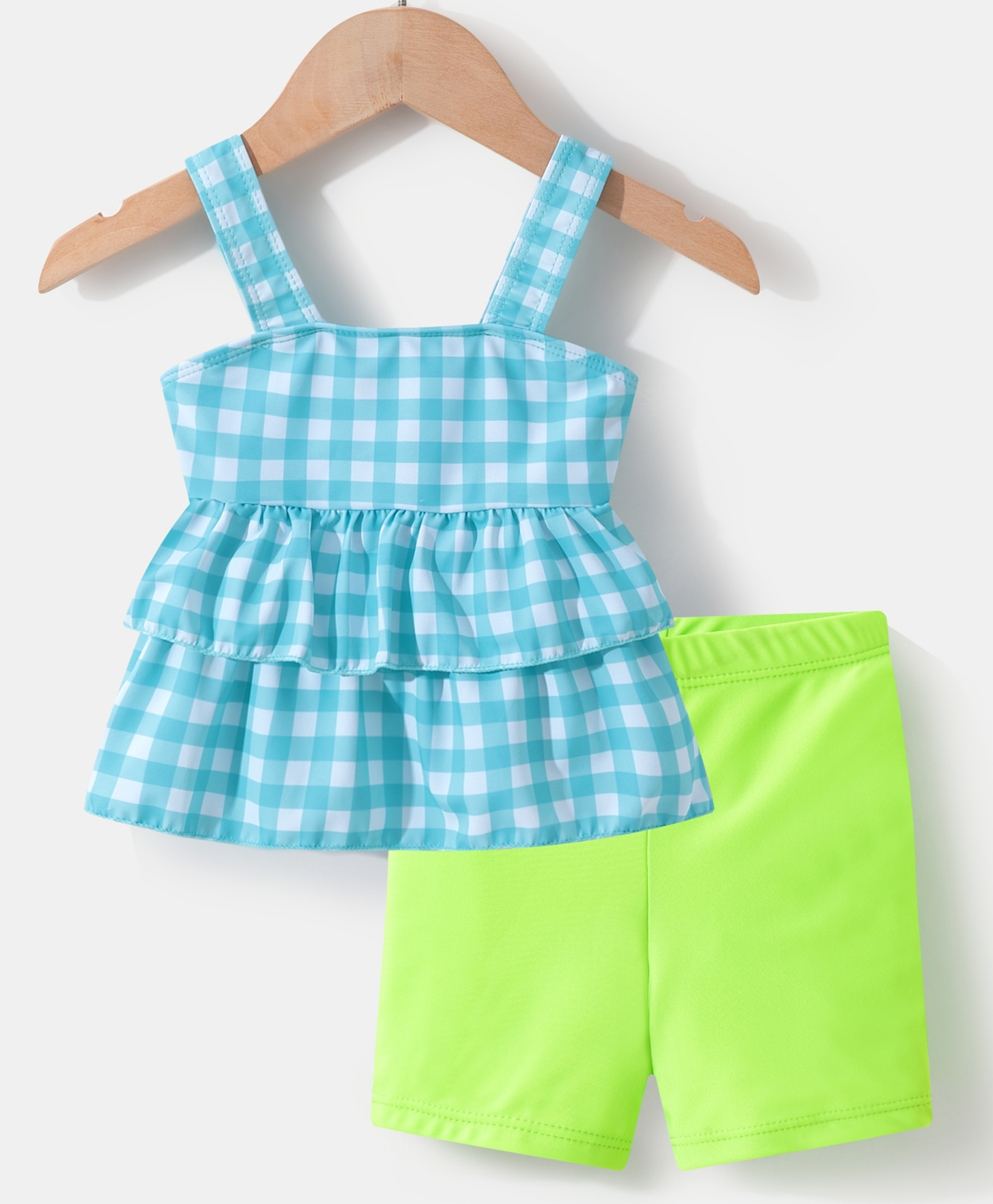 Kookie Kids Sleeveless Solid & Checked Two Piece Swimsuit - Mint-image-36