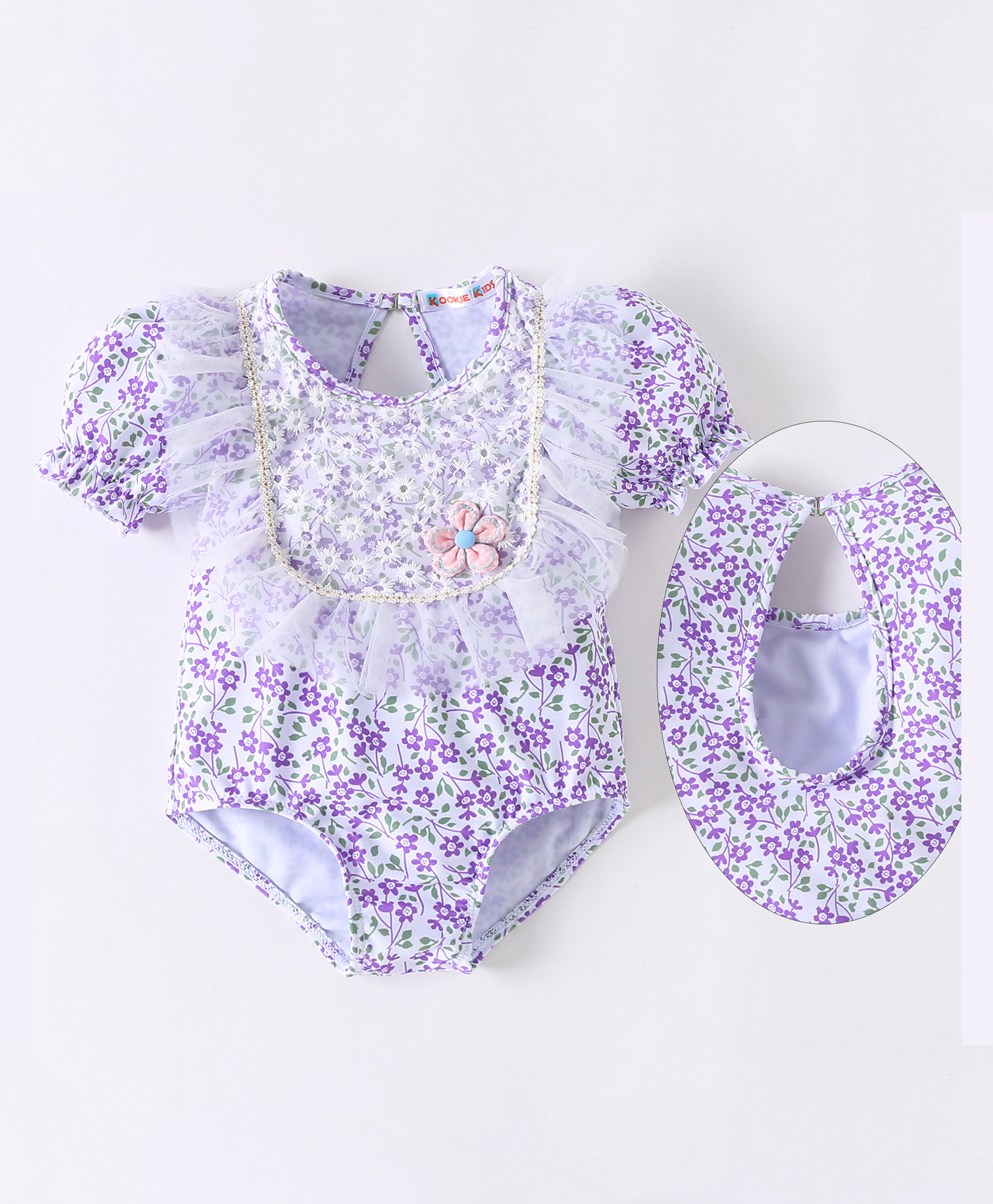 Kookie Kids Puffed Sleeves V Cut Swimsuit with Fril Detailing Floral Print - Purple-image-45