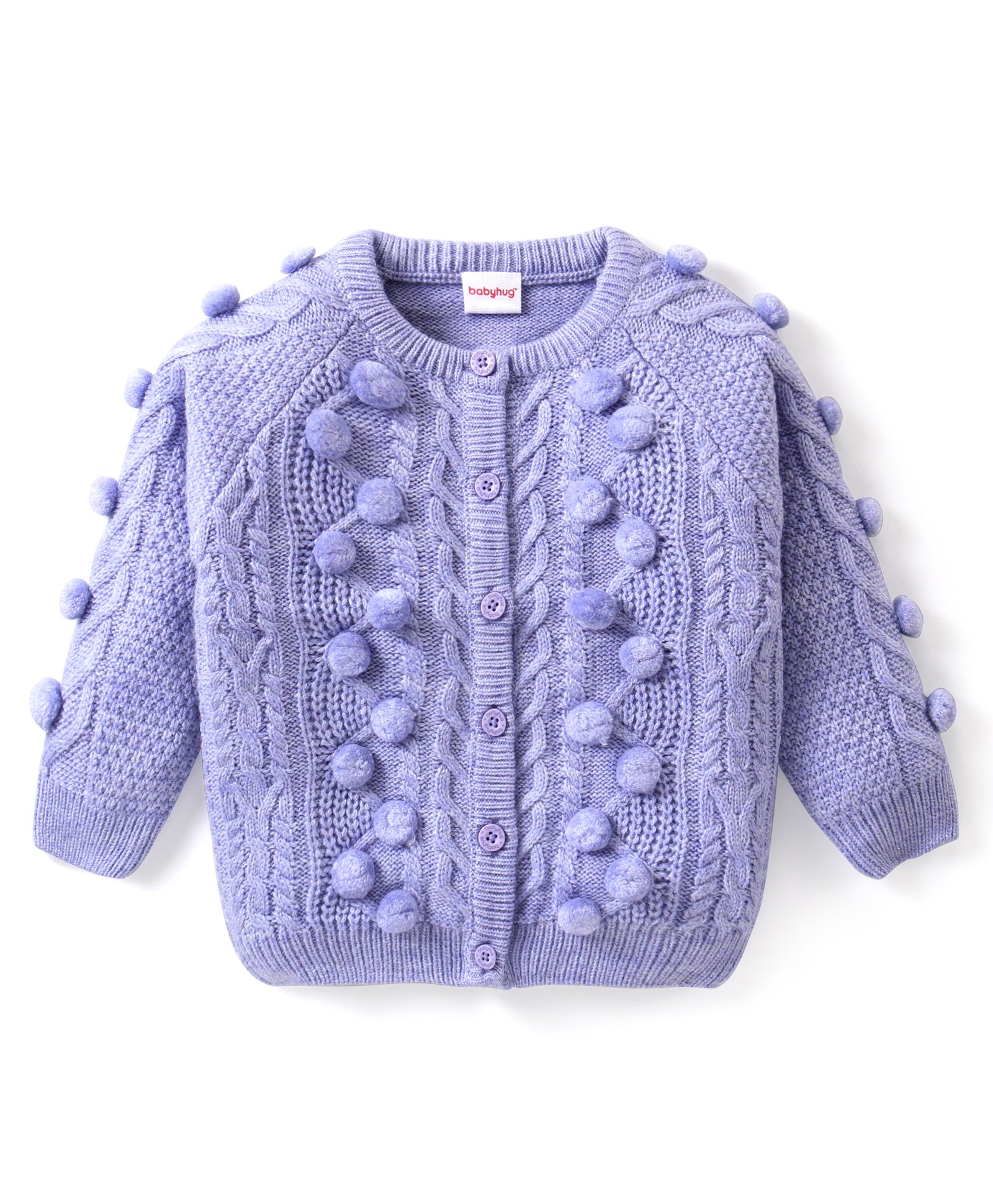 Babyhug Knitted Full Sleeves Front Open Sweater with Pom Pom & Cable  Knit Detailing - Lavender-image-30