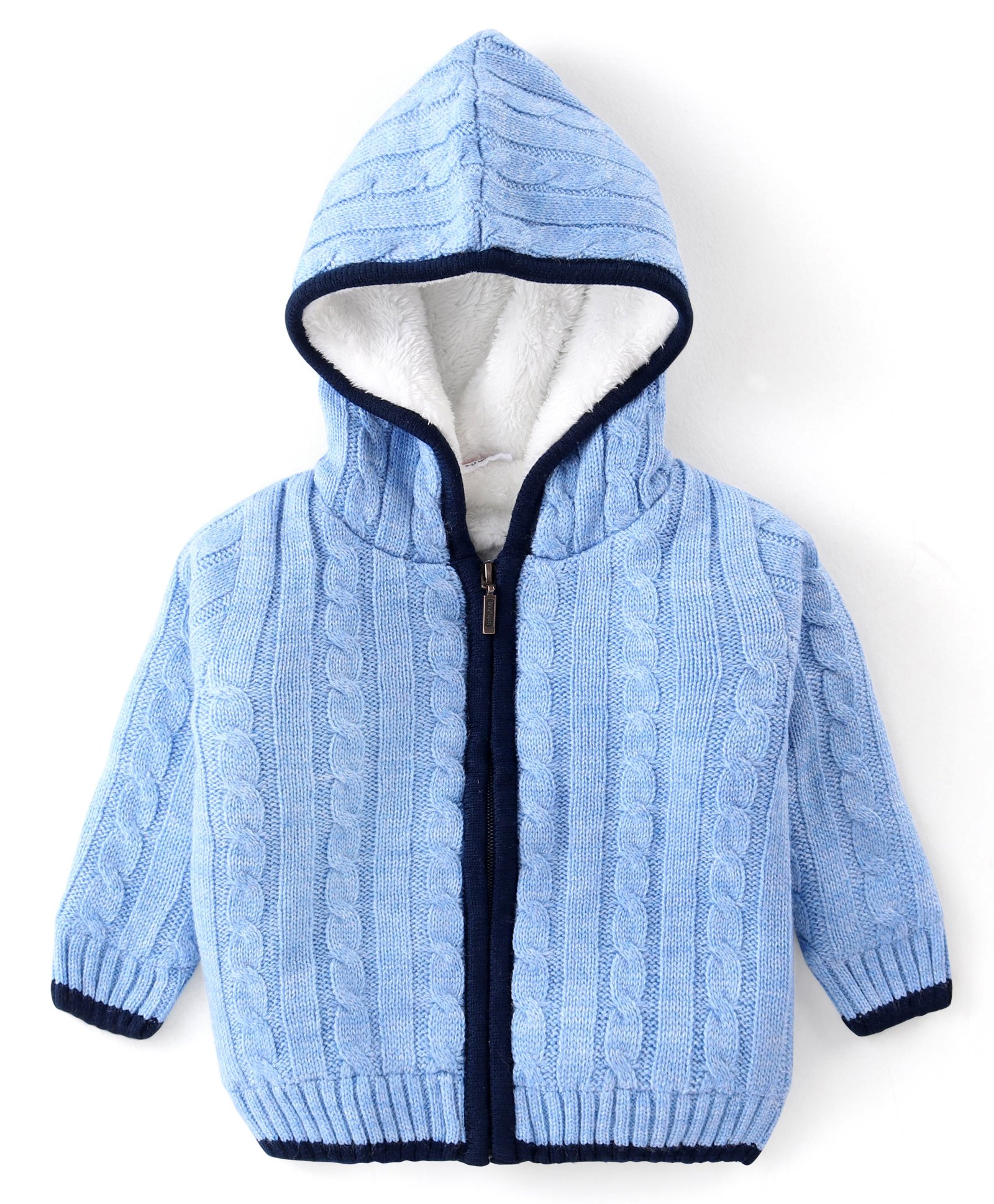 Babyhug Full Sleeves Front Open Hooded Cable Knit Sweater - Blue-picture-10
