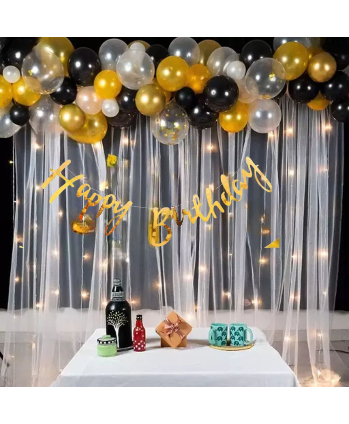 Surprise Decor 71 pcs Birthday decoration items for boy, husband, girl combo Black & White balloons for decoration, White net curtain with LED light for decoration, Black & White birthday party decoration.-image-44