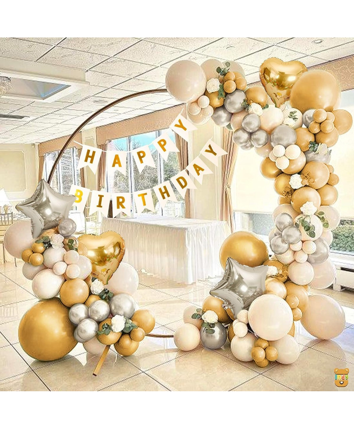Surprise Decor White Cardboard Happy Birthday 13 Letters Banner String , Silver Star, Gold Heart, Gold White & Silver Metallic Foil Balloons Theme Backdrop-image-33