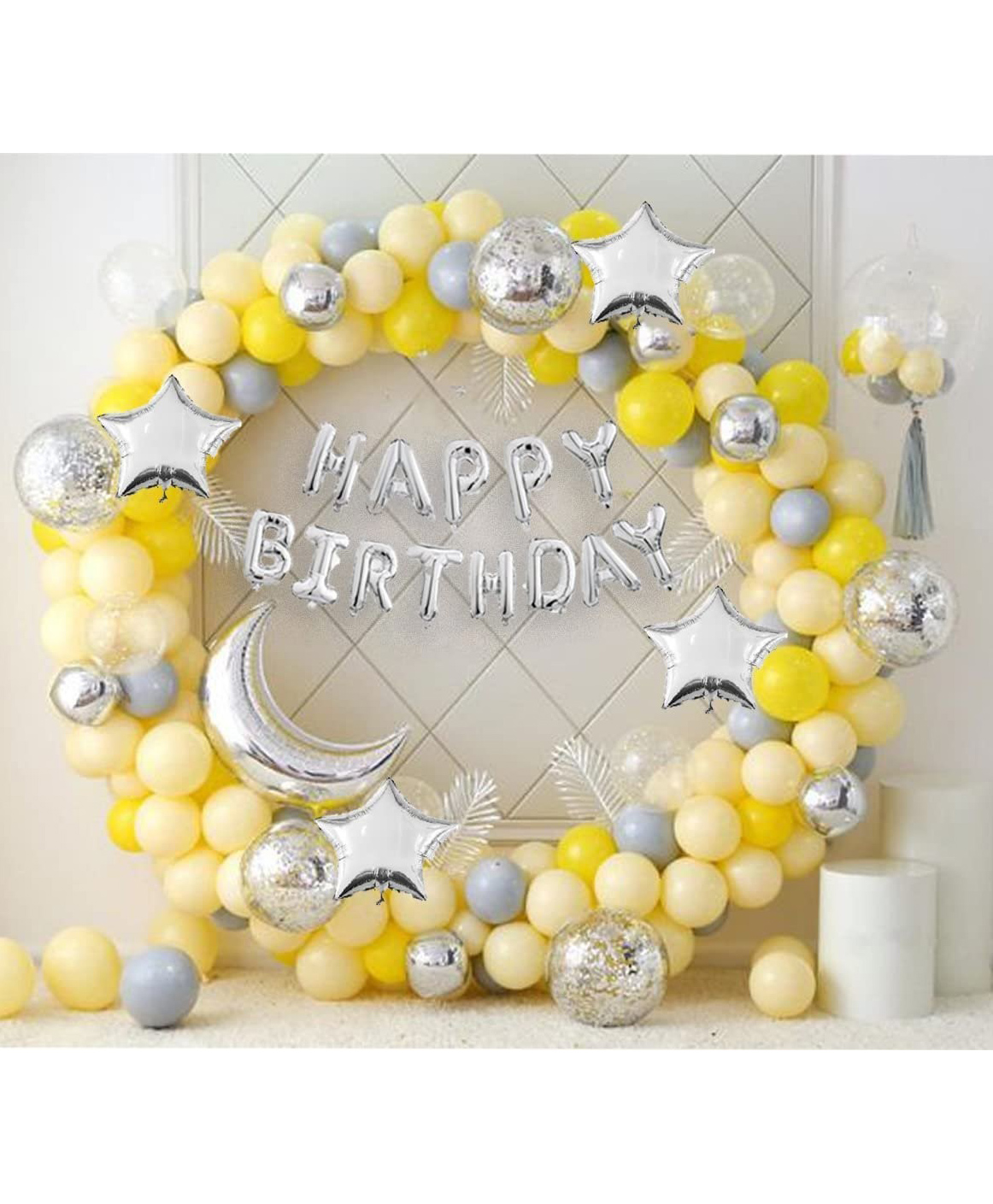 Surprise Decor 74Pc Birthday Decoration Kit Yellow Grey Silver Balloons Birthday Foil Moon Stars with Arch & Glue Dot & Balloon Hand Pump Birthday Decoration Items | Birthday Decoration Combo-image-2
