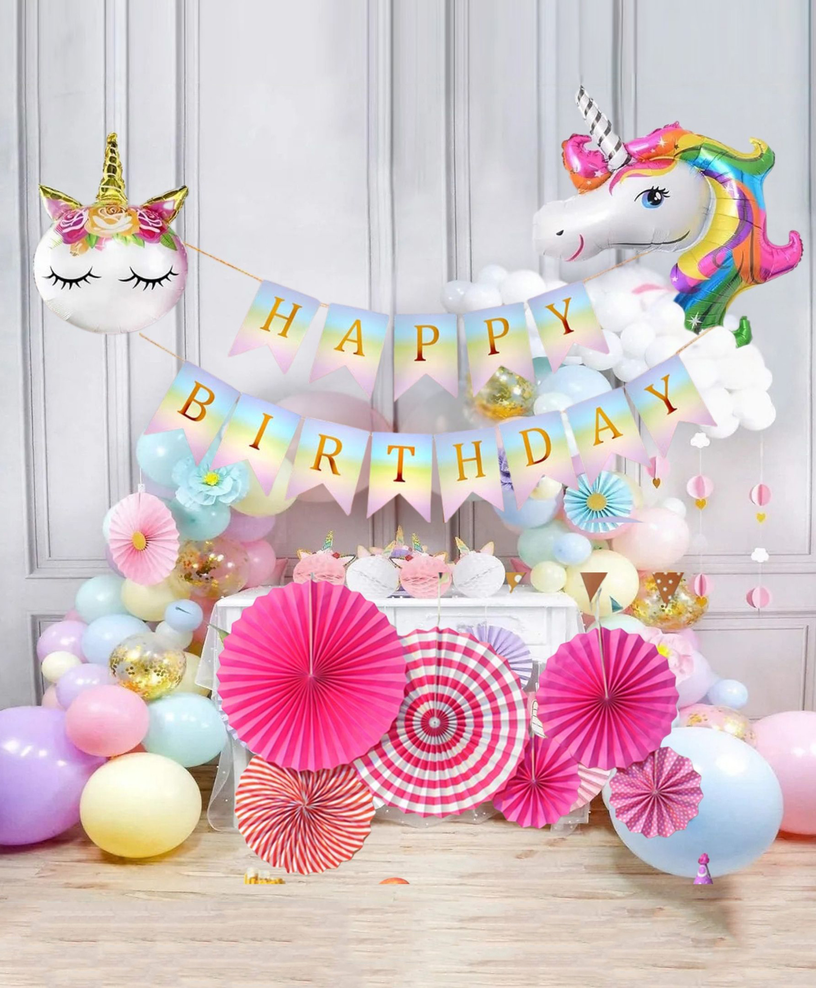 Surprise Decor Unicorn Theme Birthday Decorations - Set of 91 Pcs Unicorn Decoration for Birthday Girls | Unicorn Head Balloons | Gold Confetti Balloons for Birthday Decoration | Paper Fan Decoration Set-image-21