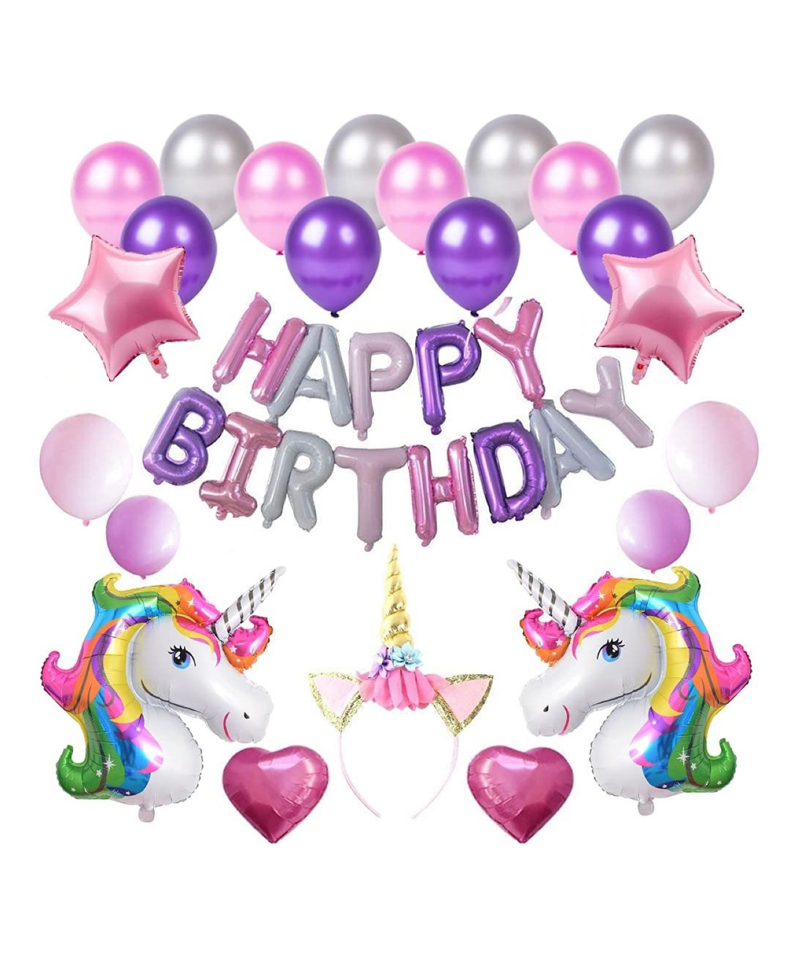 Surprise Decor Unicorn Theme Birthday Decorations Items Combo Set - 28Pcs Kit with Foil Balloon, Hear Band, Metallic Balloons - Happy Birthday Decoration Kit for Girls / Unicorn Birthday Decorations-image-43