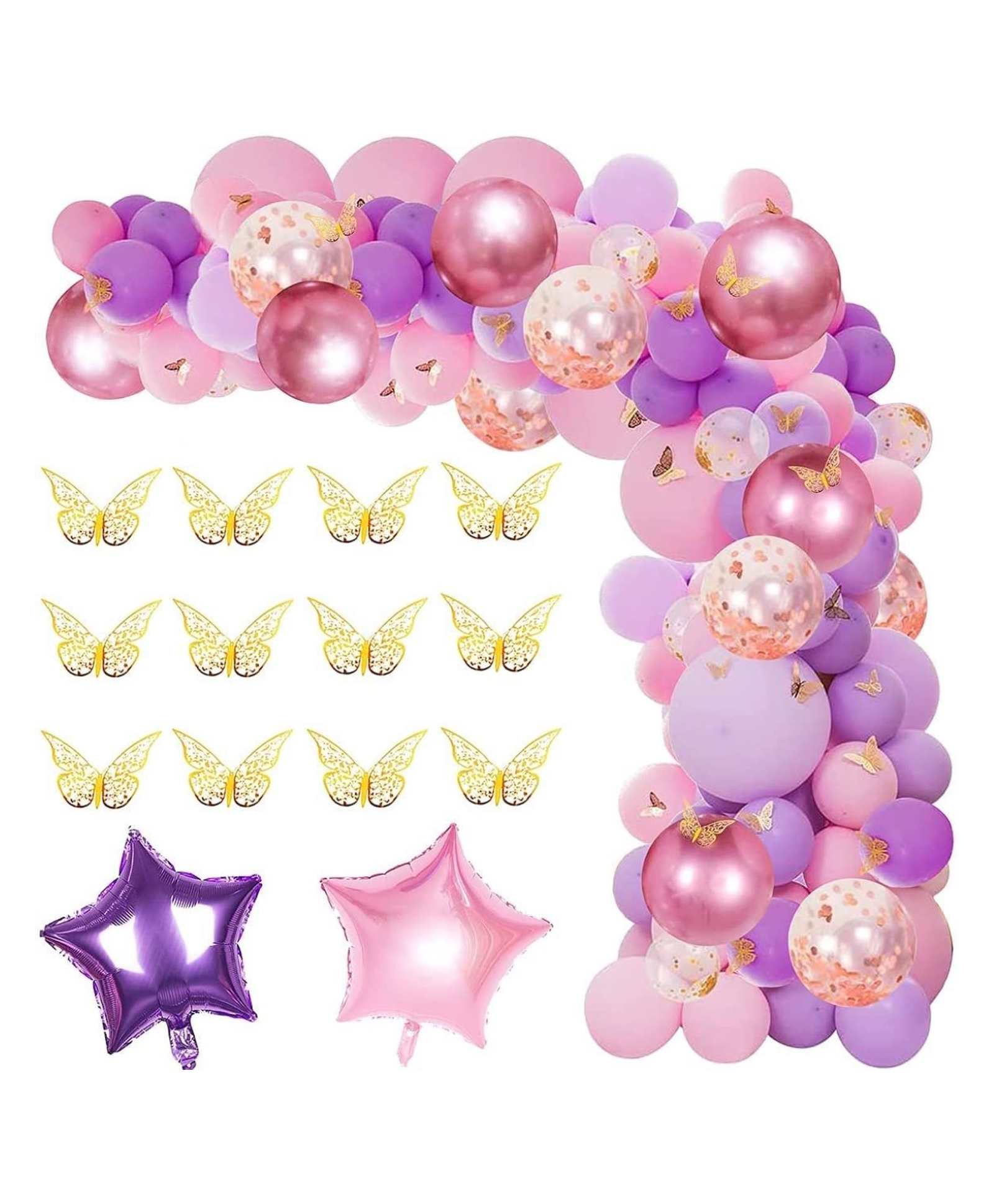 Surprise Decor 126 Pcs Butterfly Pink & Purple Balloon Garland Kit, Butterfly Theme Balloon Arch with Gold Butterfly Star Foil Balloons for Girls Women Birthday Baby Bridal Shower Wedding Party Decoration-image-14