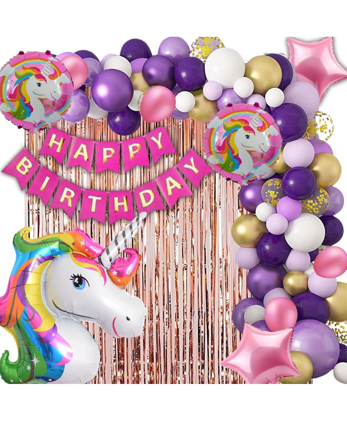 Surprise Decor Unicorn Theme Birthday Decoration Combo of 68pc for Girls / 1st Birthday - 60 Balloons, 5pc Unicorn Balloon Set , 1 Banner , 2 Rose Gold Curtains ( Unicorn Birthday Decorations First Birthday )-image-7