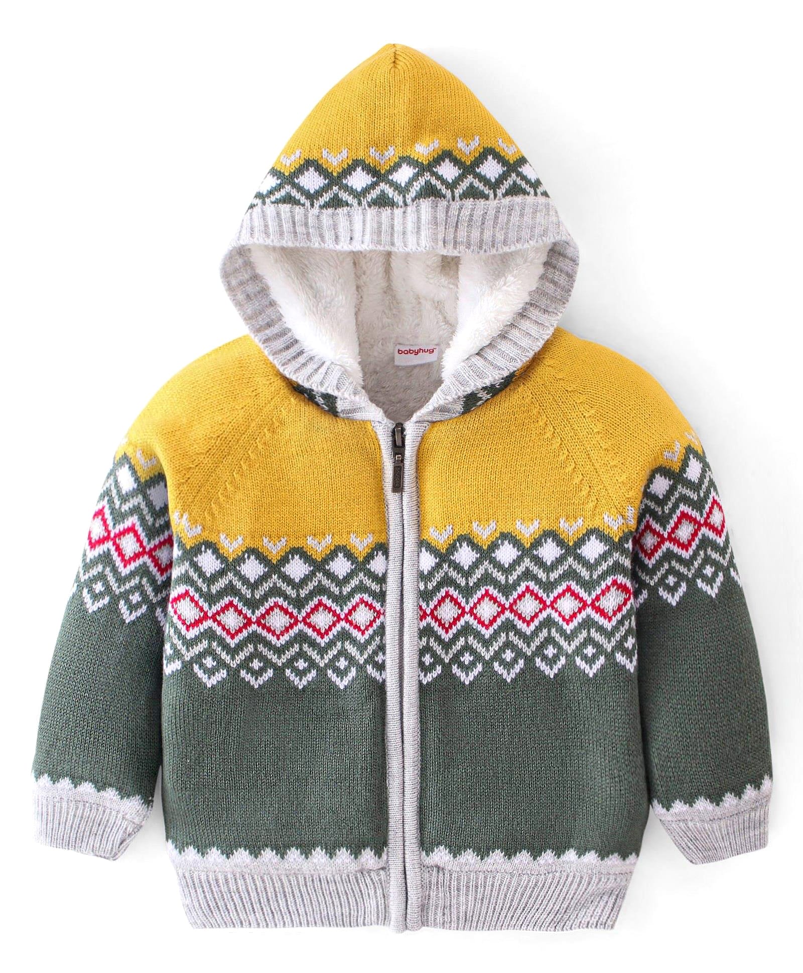 Babyhug Knitted Full Raglan Sleeves Argyle Designed Hooded Front Open Sweater - Yellow & Olive Green-image-28