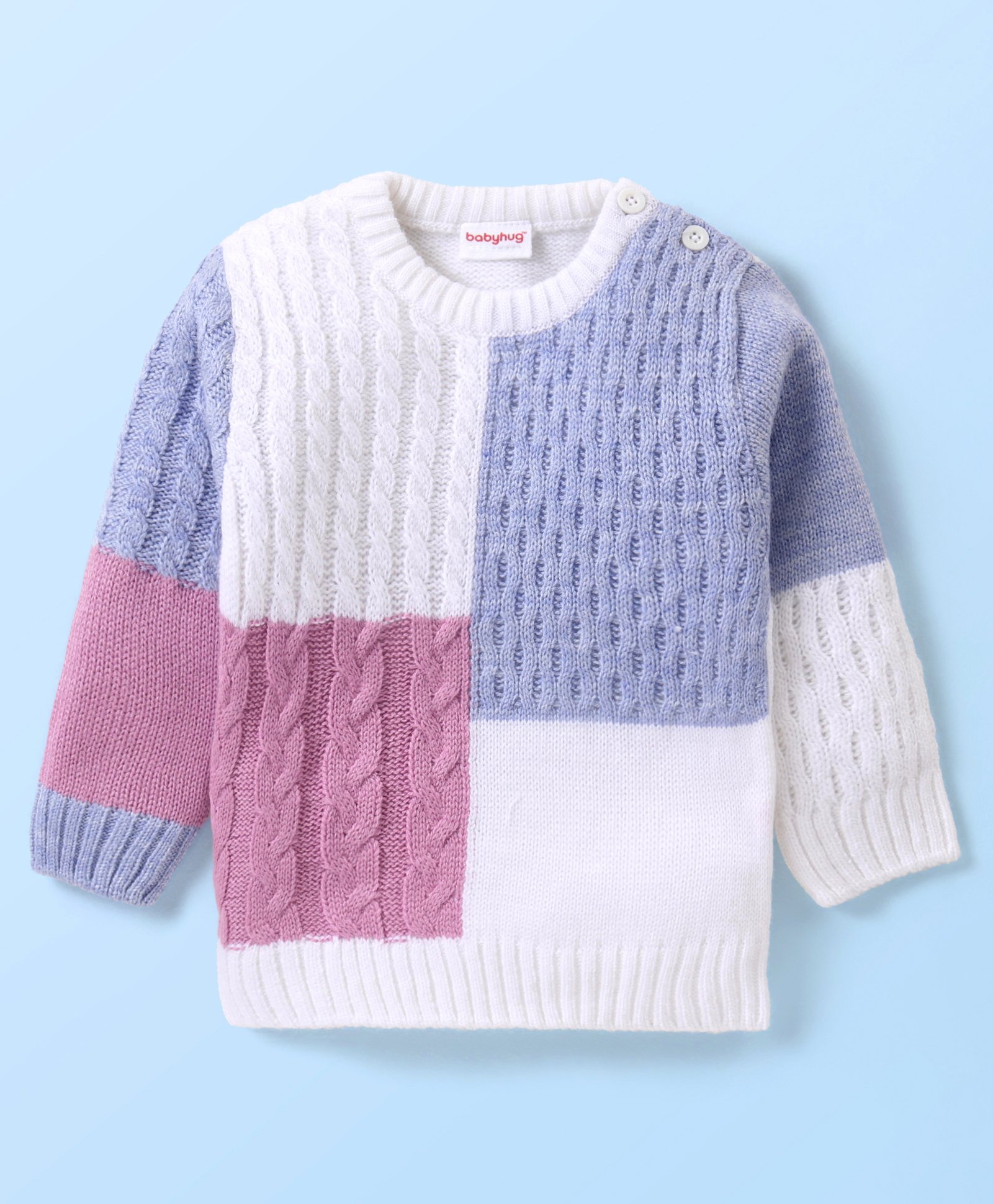 Babyhug Knit Full Sleeves Color Block Sweater - Purple & White-picture-10