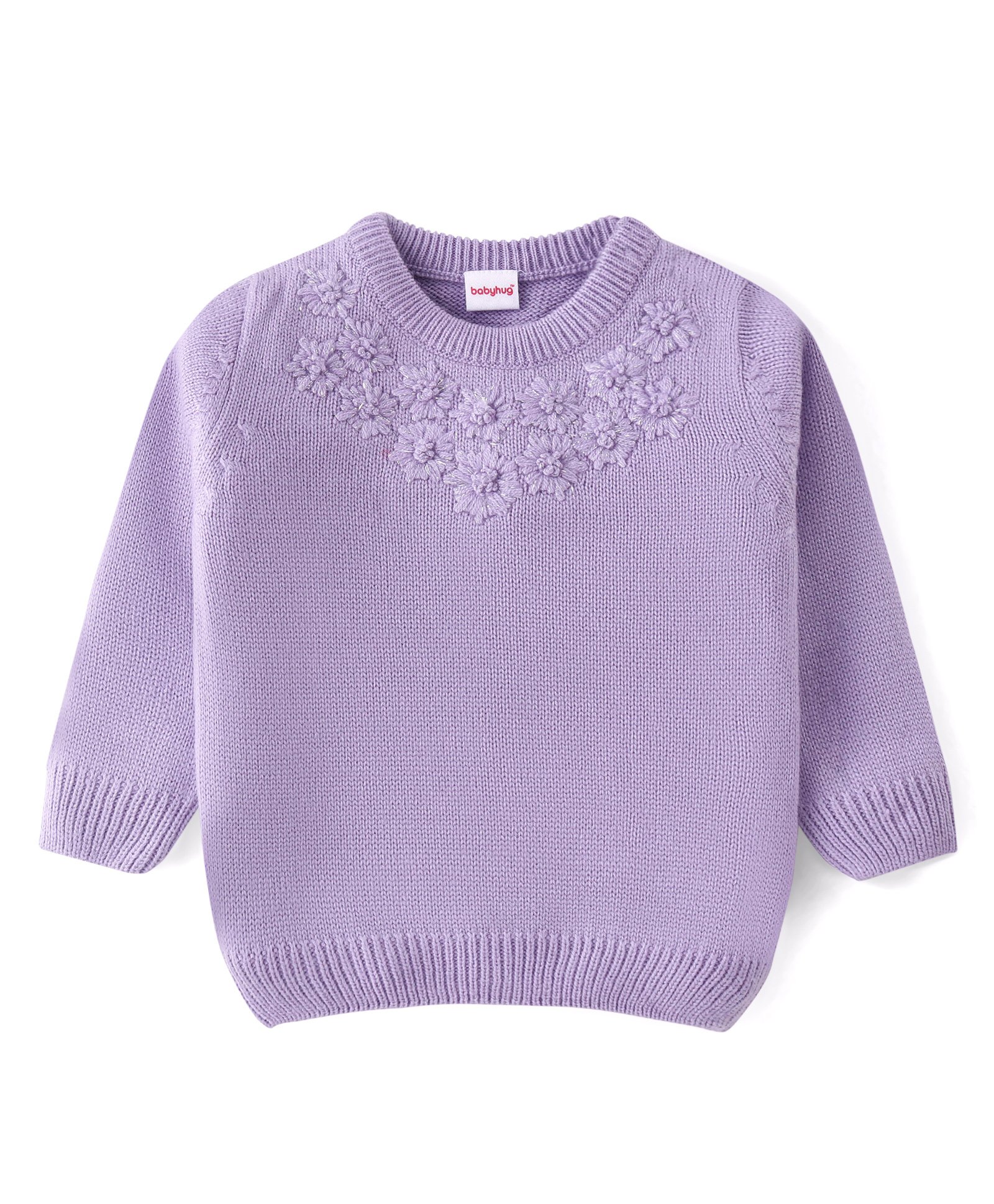 Babyhug Knit Full Sleeves Pullovers Sweater With Floral Design - Lavender-picture-28