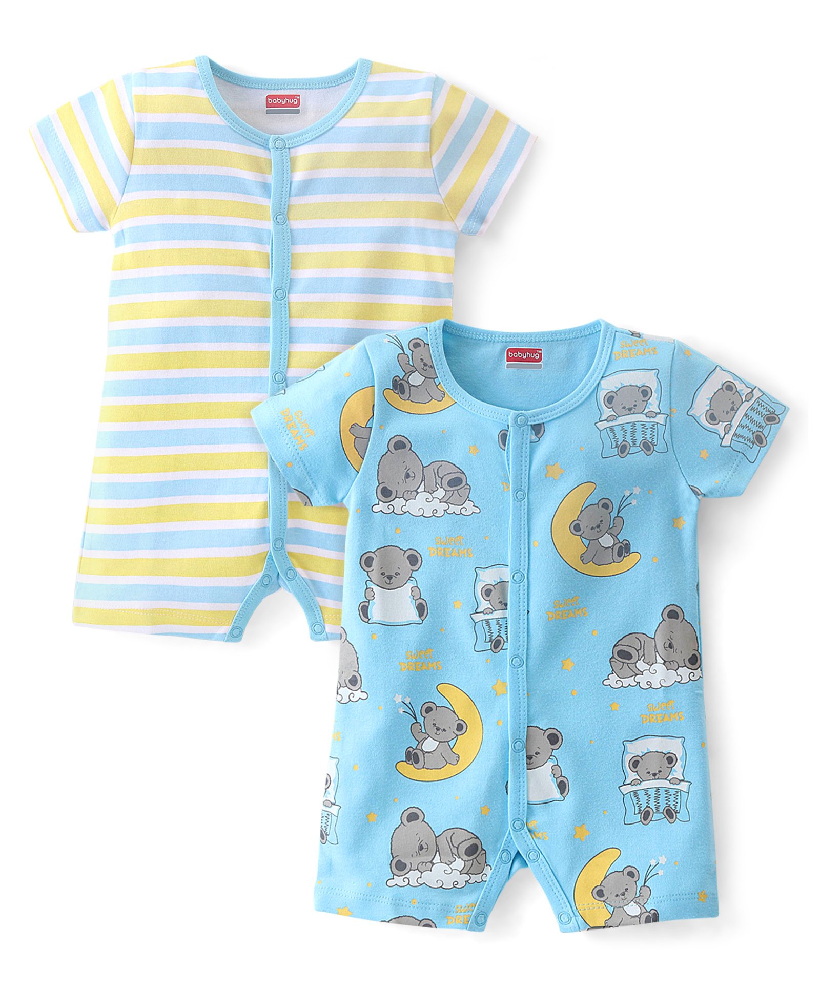 Babyhug 100% Cotton Knit Frill Sleeves Striped & Bear Printed Rompers Pack of 2 - Yellow & Blue-image-10