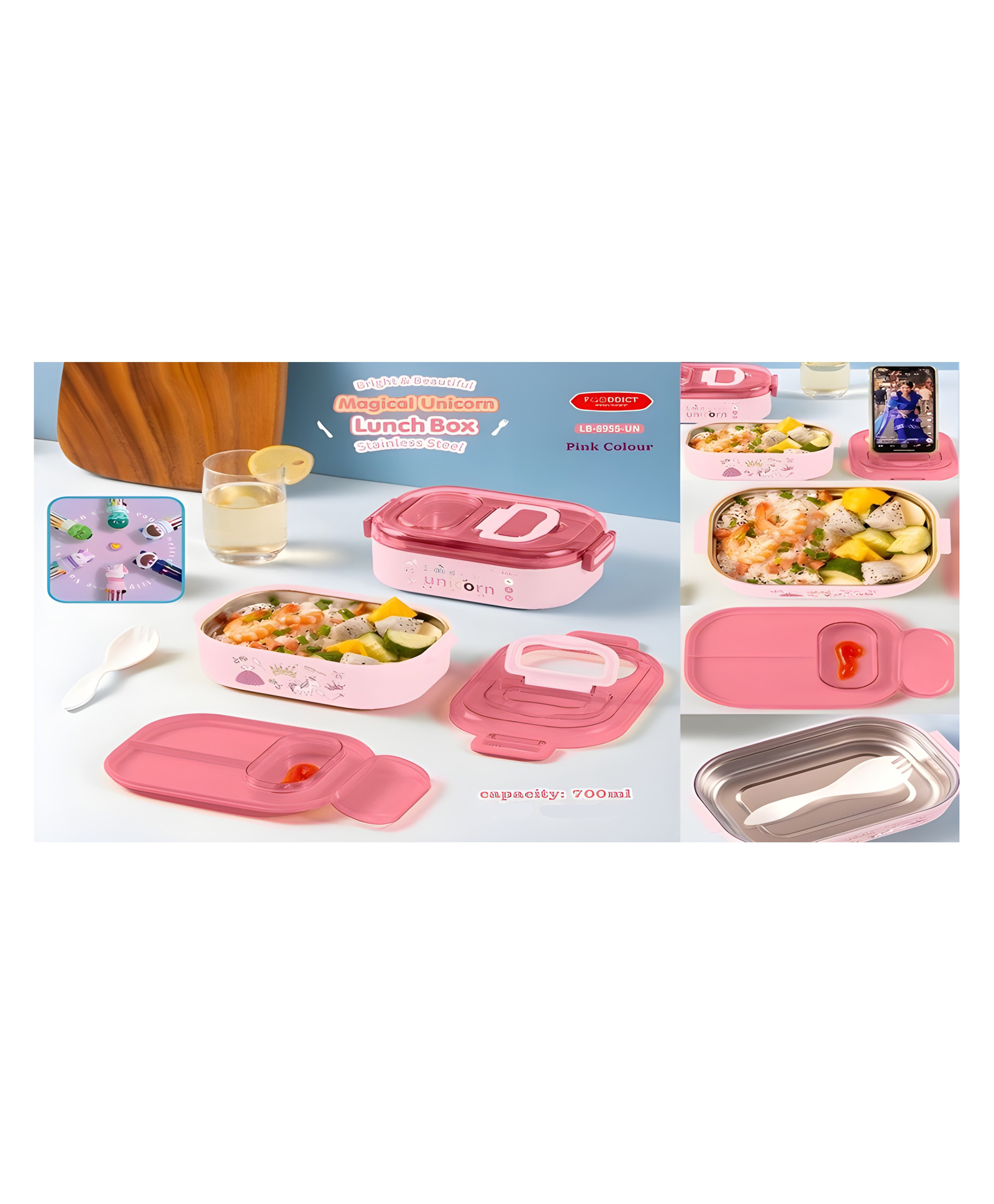 YAMAMA Insulated Lunch Box Magical Unicorn Lunch Box Stainless Steel Lunch Box Unicorn Theme Modern Design Easy To Carry Portable Lunch Box 700 ml With Spoon And 10 Color Ball Pen  (Pack of 1  Pink)-image-41