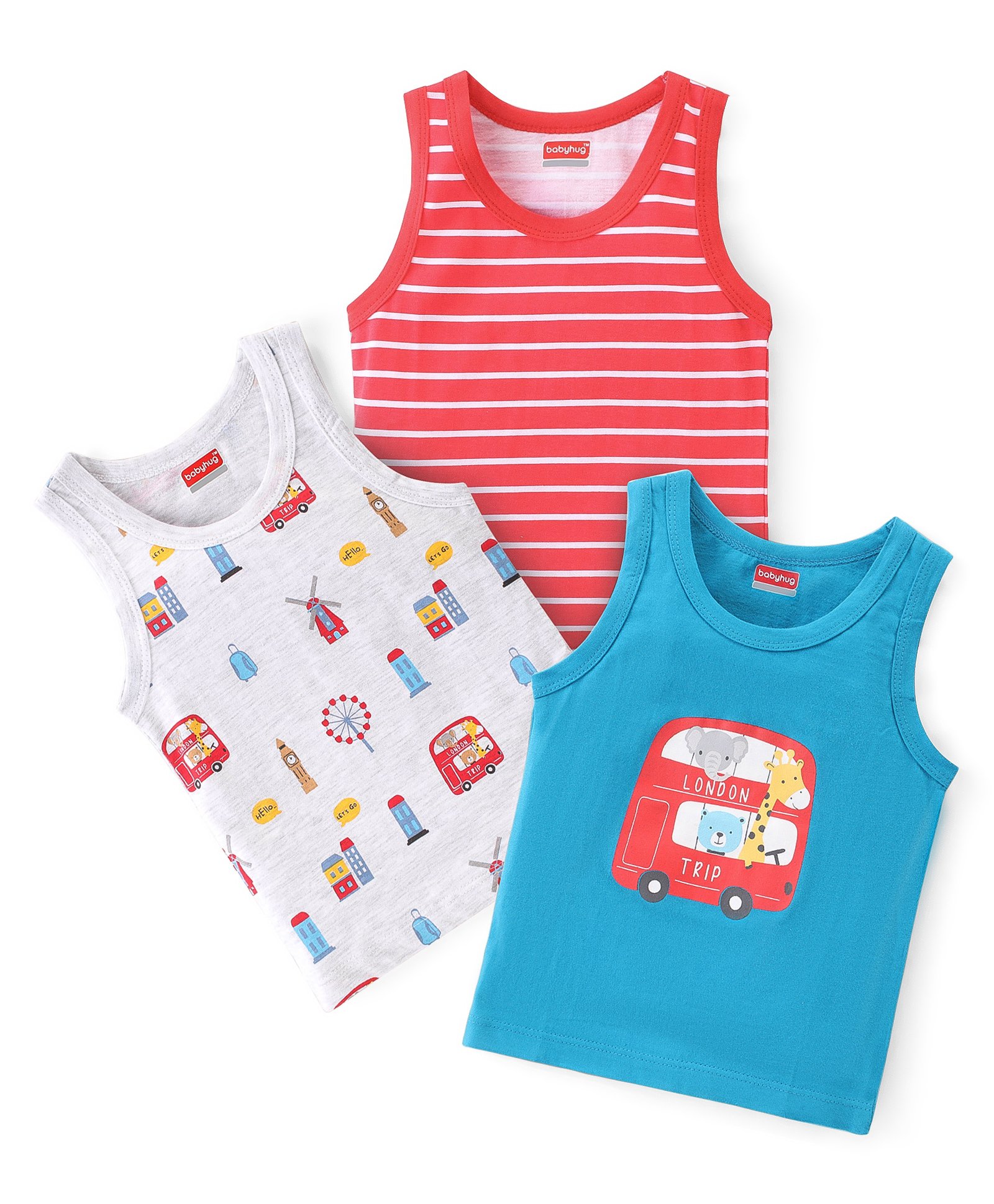 Babyhug 100% Cotton Sleeveless Sando with London Theme Print Pack of 3 - Red White & Blue-image-32