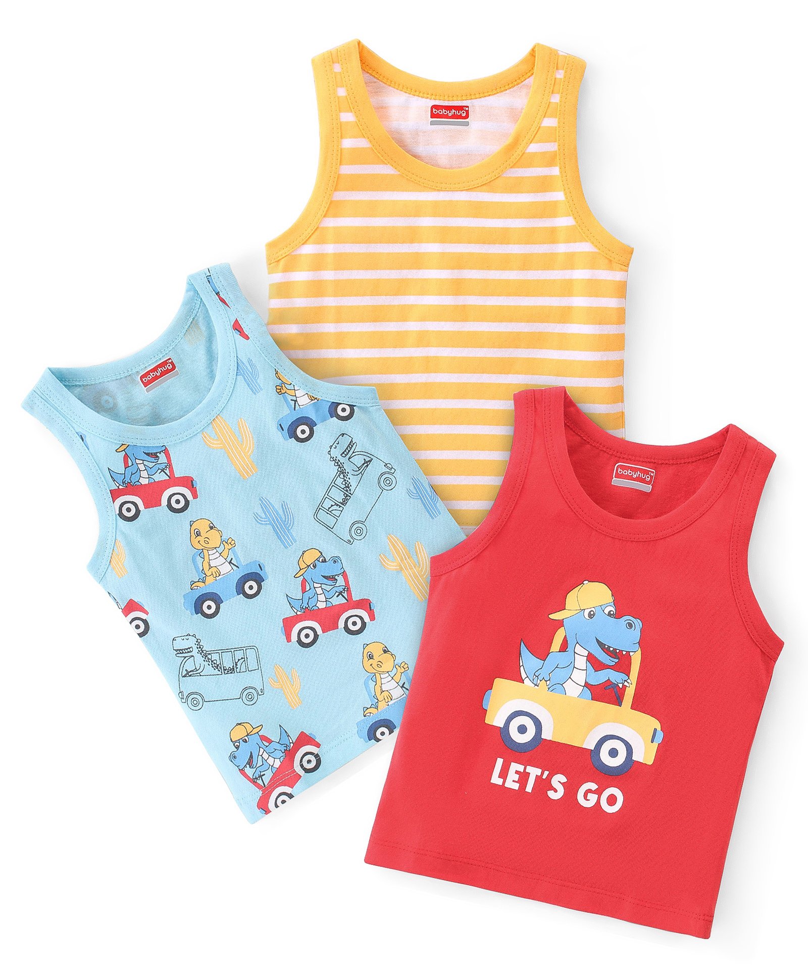 Babyhug 100% Cotton Sleeveless Sando with Striped & Dino Print Pack of 3 - Red Yellow & Blue-picture-17