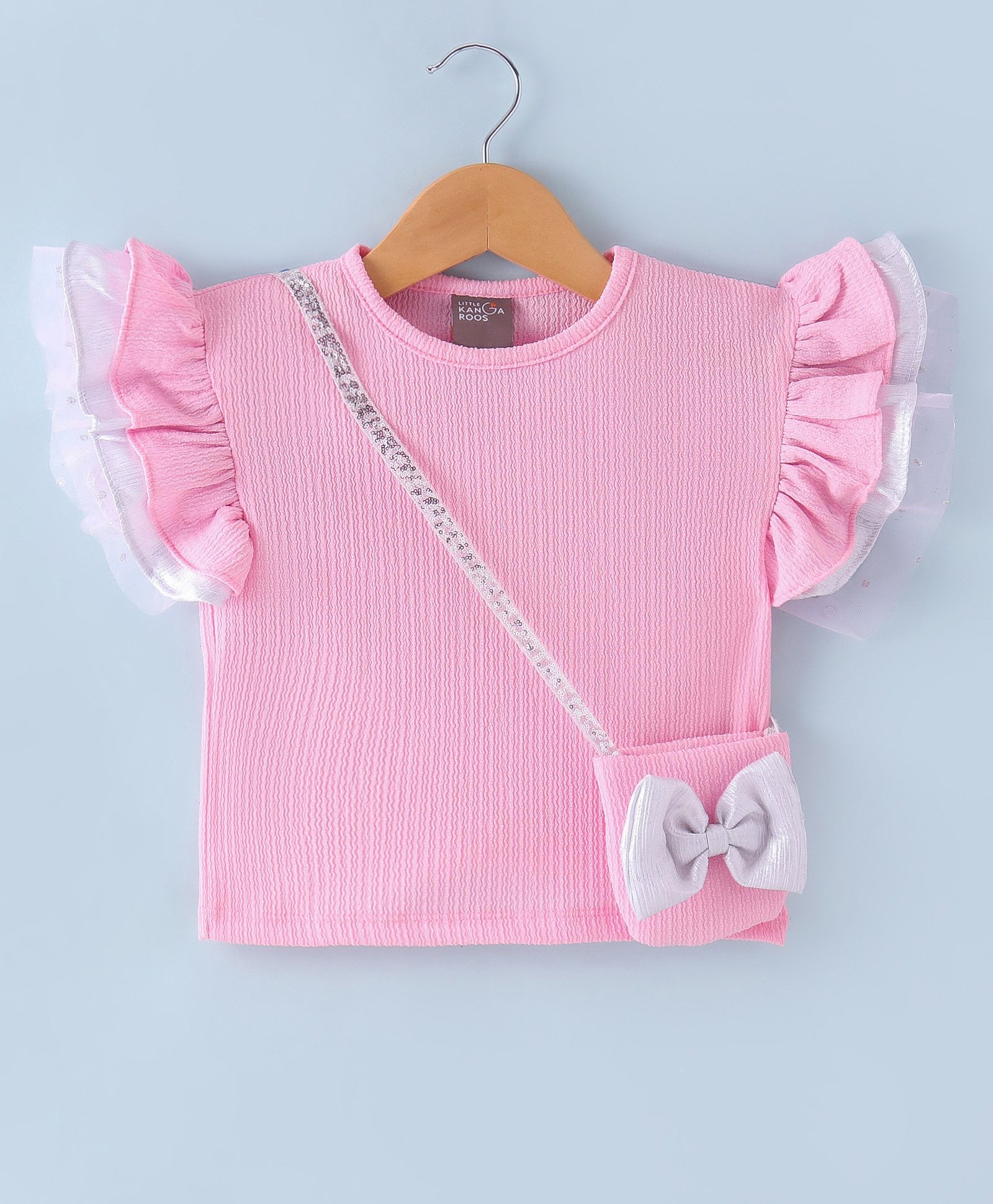 Little Kangaroos Cotto Knit  Frill Sleeves Top with Sling Bag & Bow Applique - Pink-picture-18