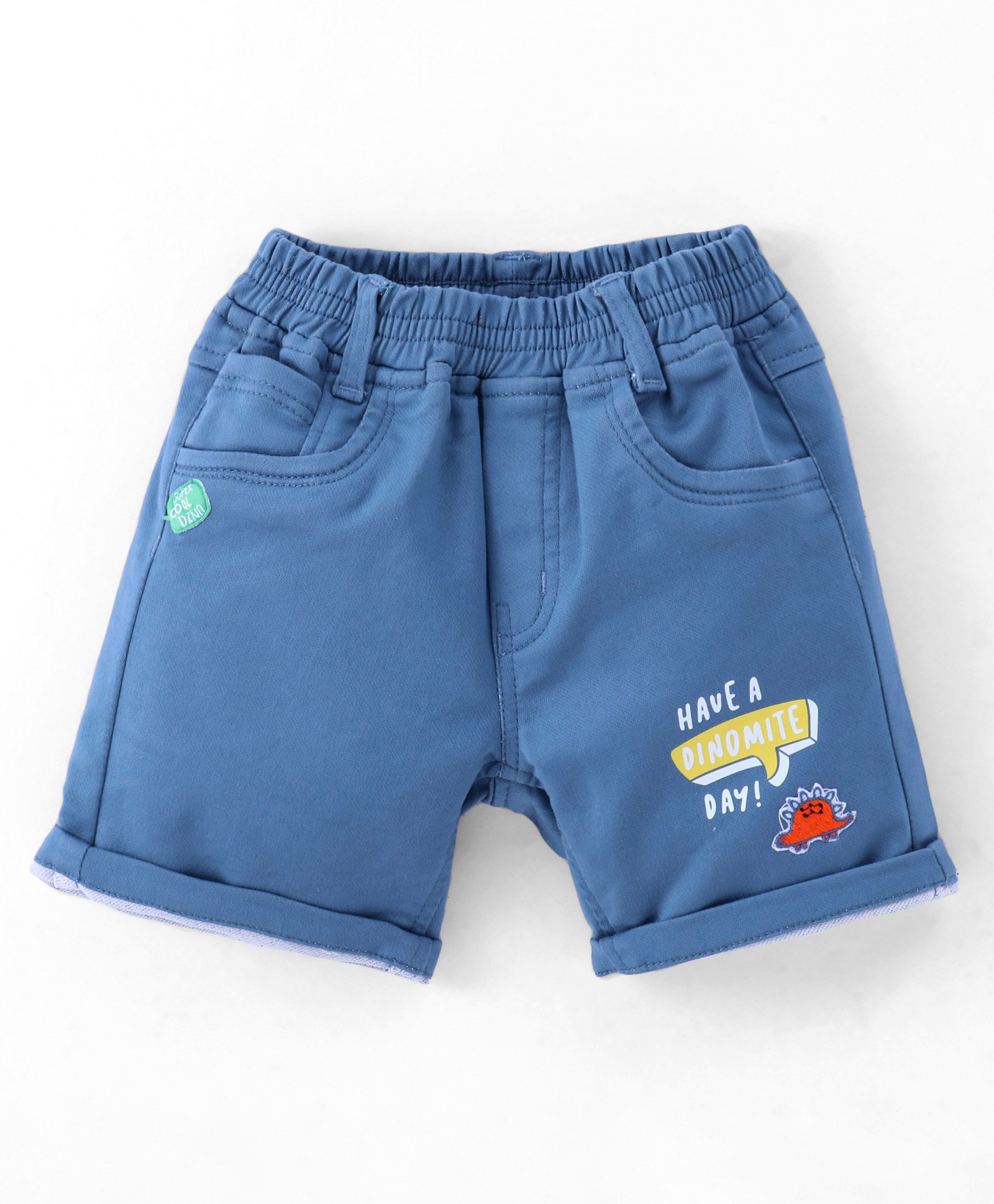 Little Kangaroos Above Knee Length Denim Shorts with Dino & Text Print - Blue-picture-18