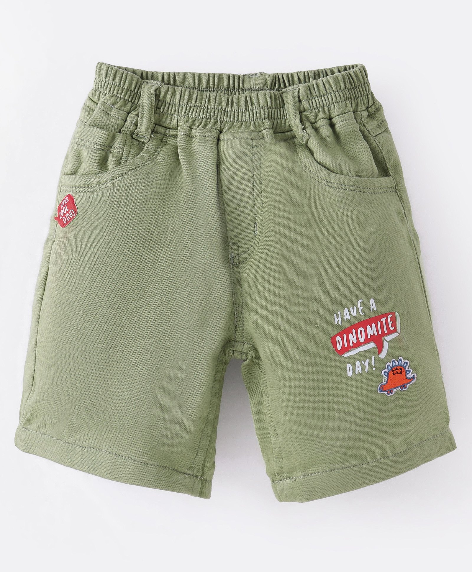 Little Kangaroos Above Knee Length Denim Shorts with Dino & Text Print - Green-image-20