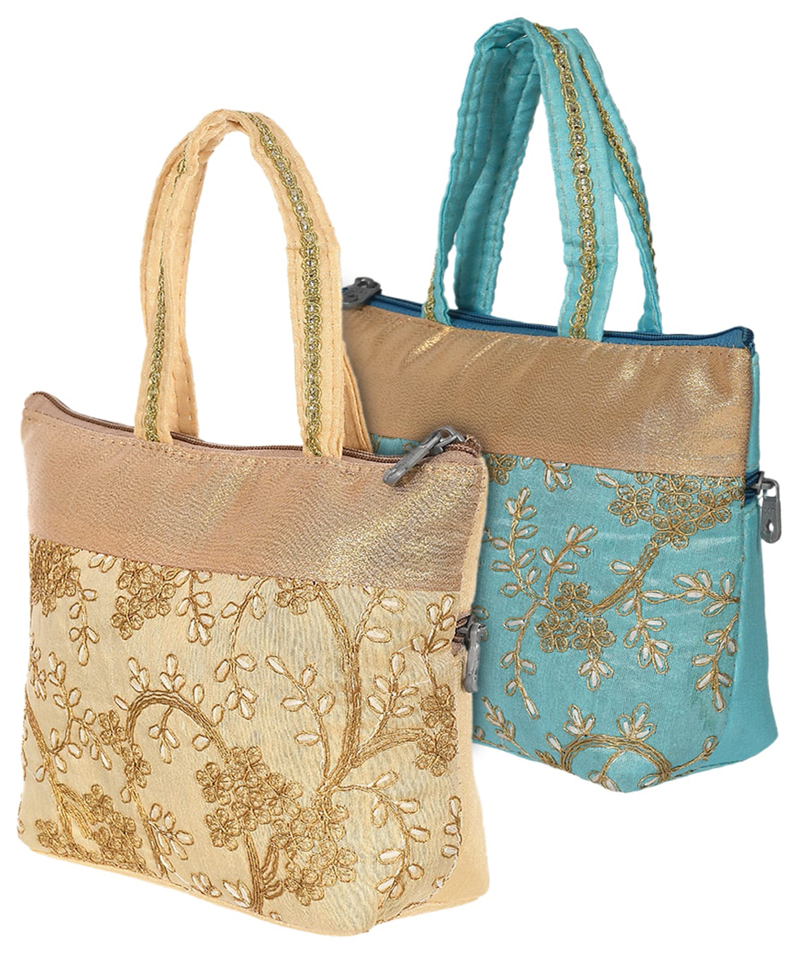 Kuber Industries Polyester Embroidery Design Hand Bag For Women Girls With Handle Pack of 2,Cream & Blue, 54KM4032-picture-12