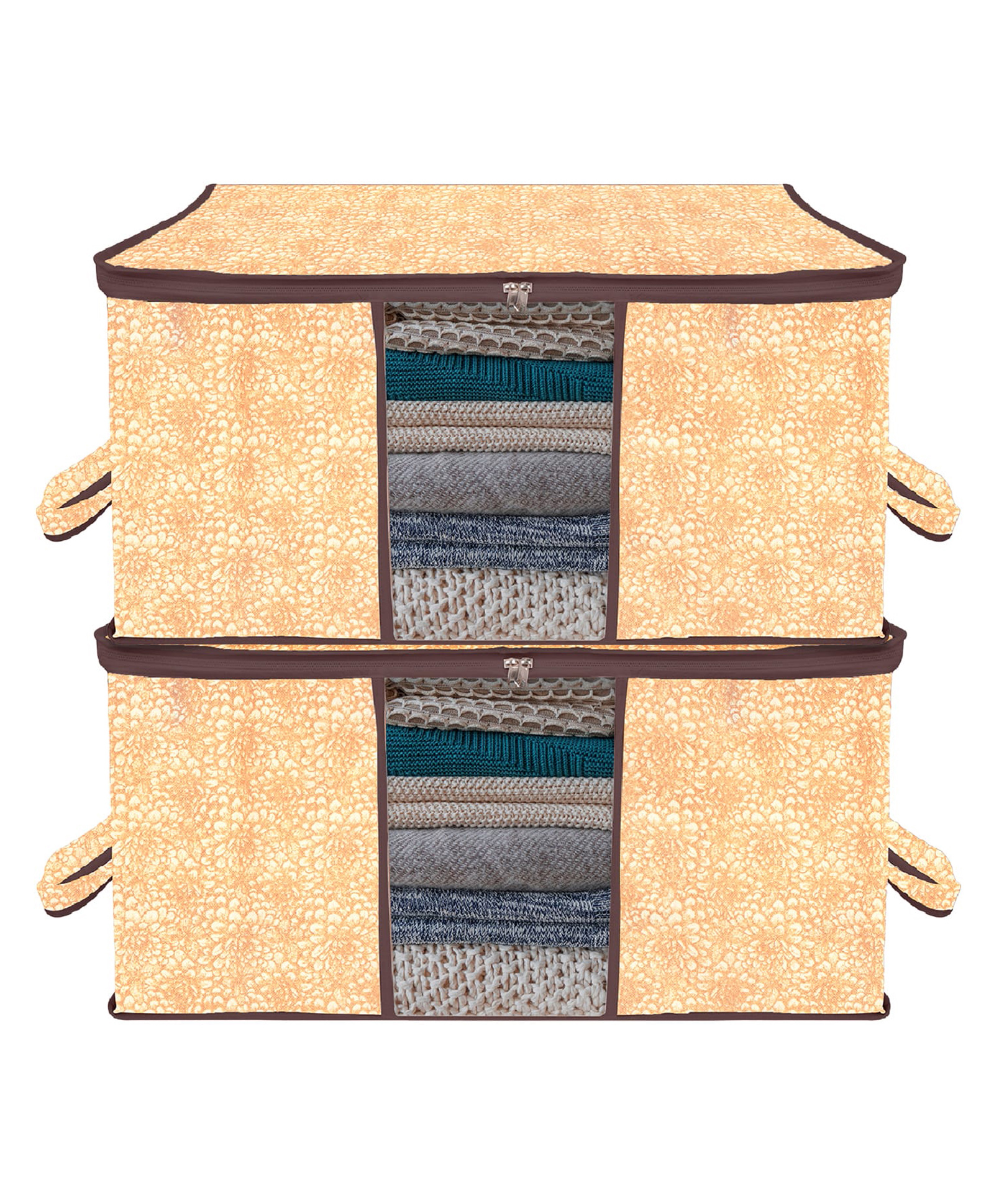 Kuber Industries Underbed Storage BagNon-Woven Floral Print Blanket CoverRazai CoverDuvet Cover Transparent Window & HandleLargePack of 2,Brown,